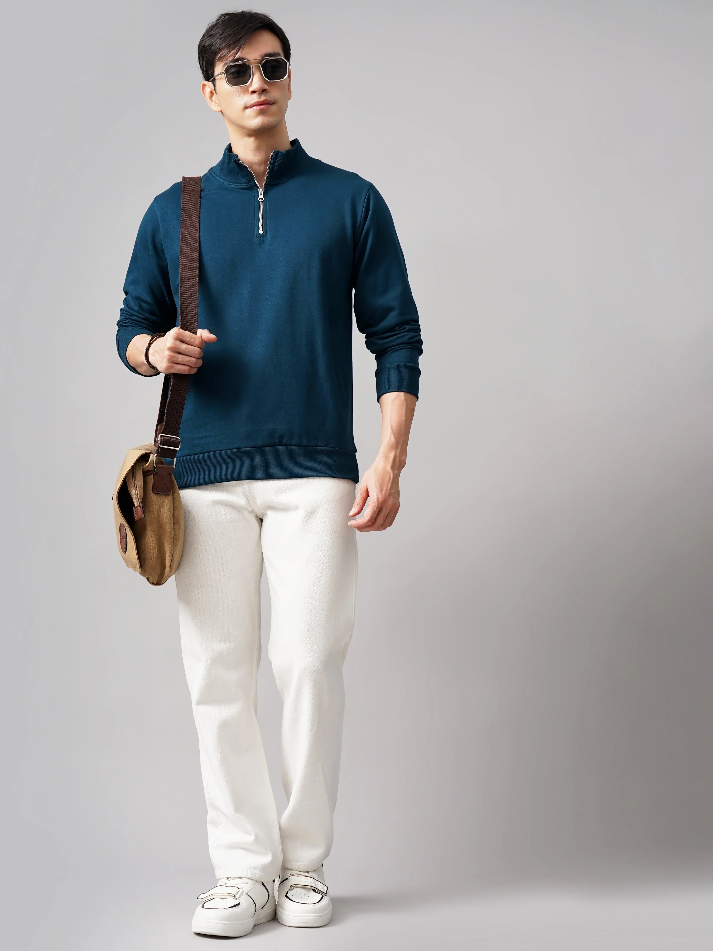 Men Half Zip Teal Sweatshirt - Image 5