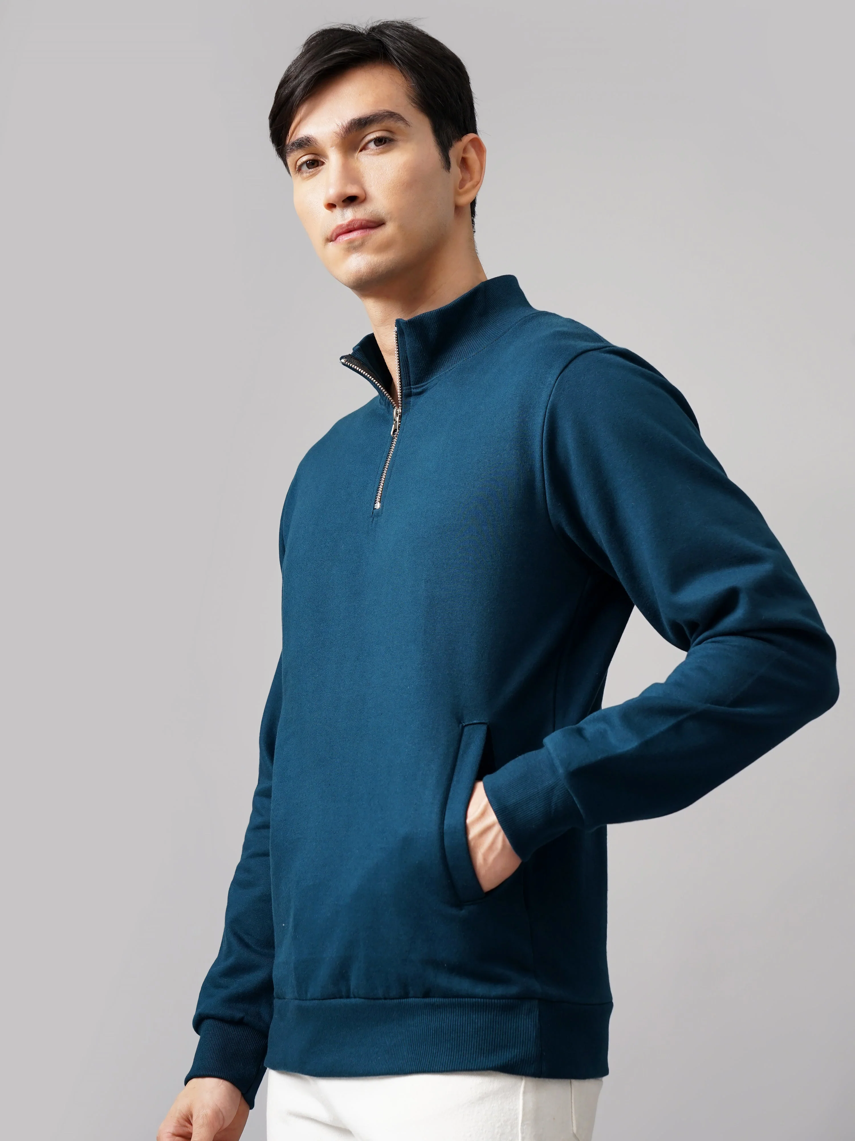 Men Half Zip Teal Sweatshirt - Image 6