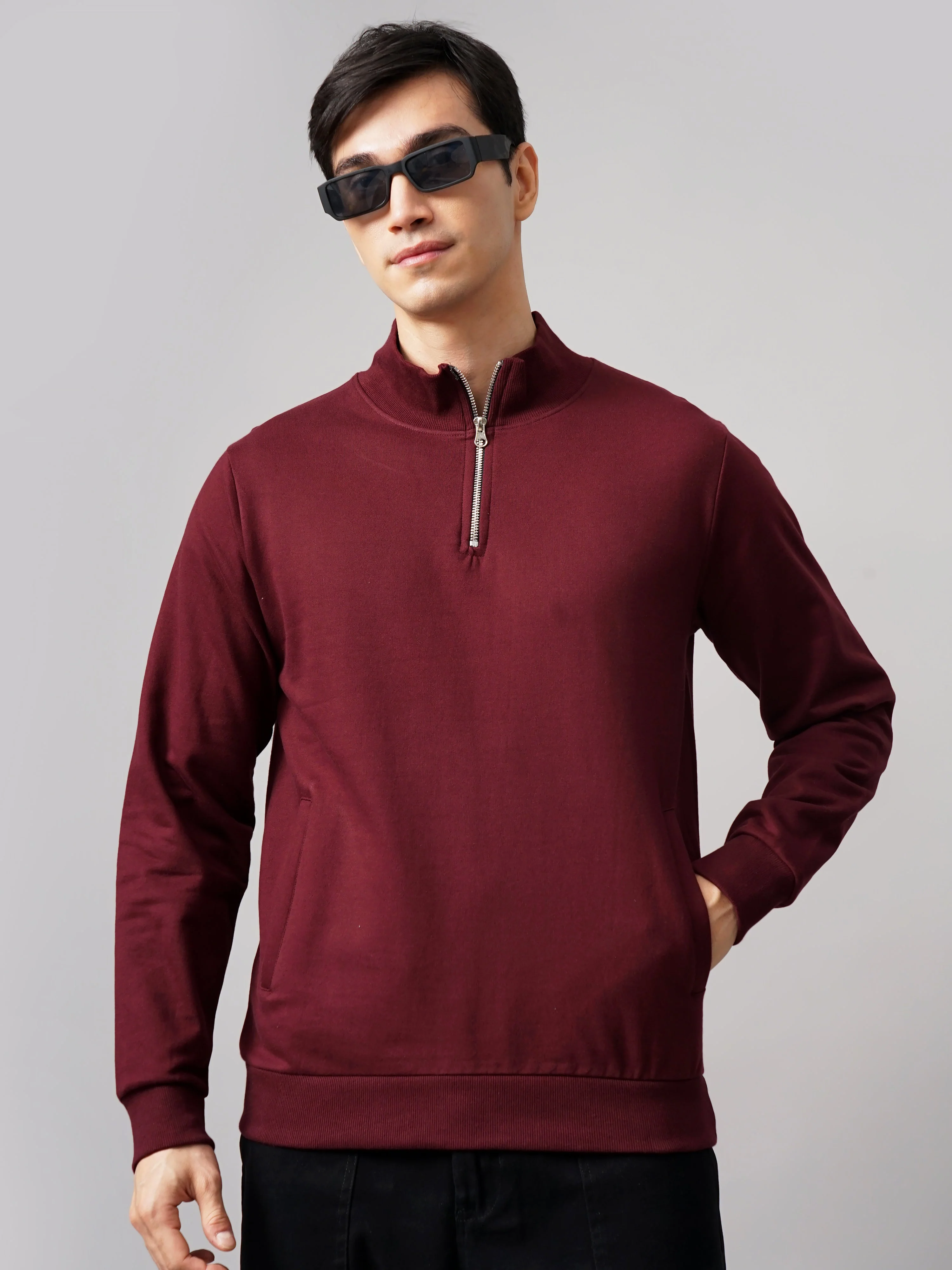 Men Half Zip Wine Sweatshirt
