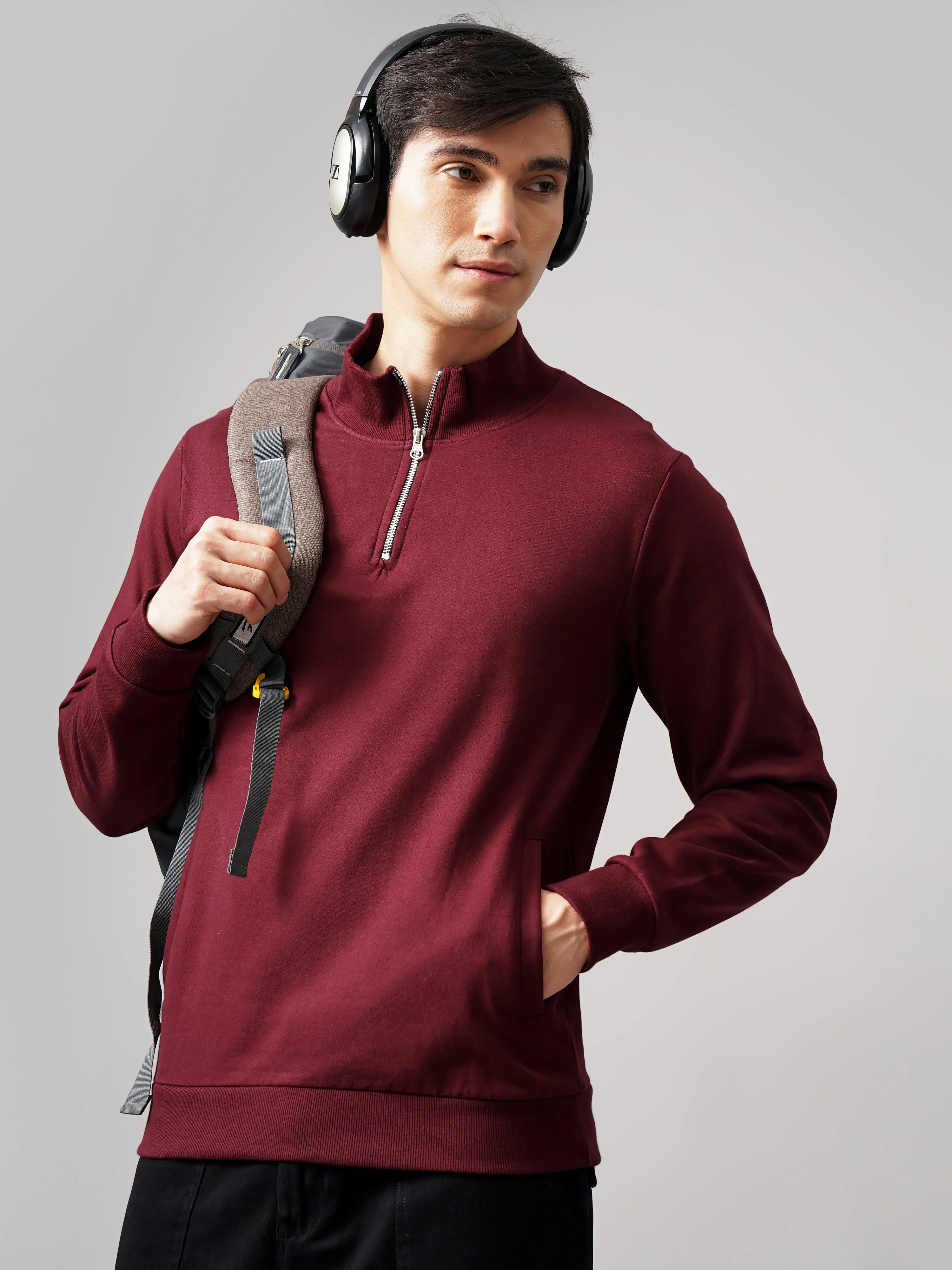 Men Half Zip Wine Sweatshirt - Image 3