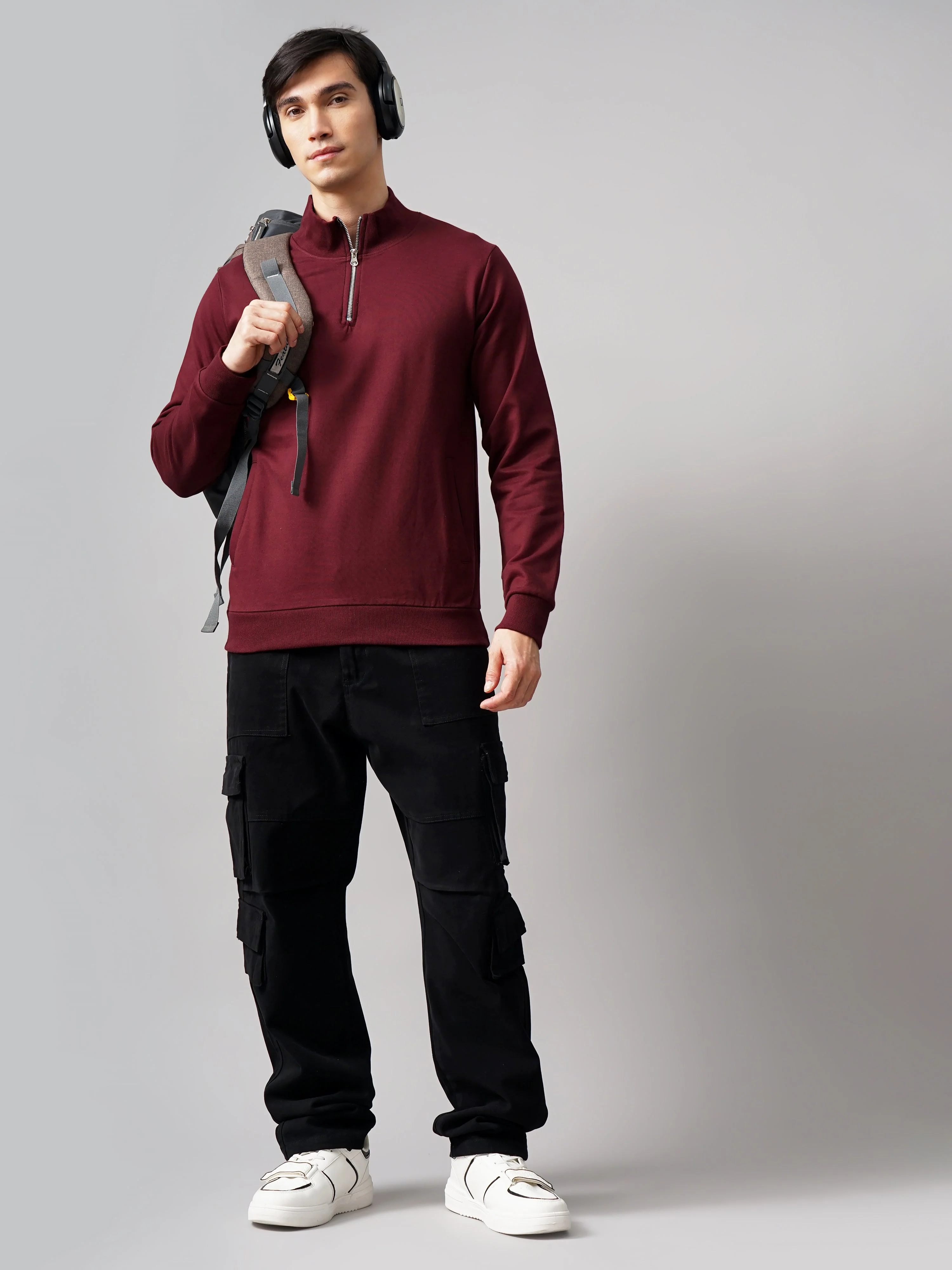 Men Half Zip Wine Sweatshirt - Image 5