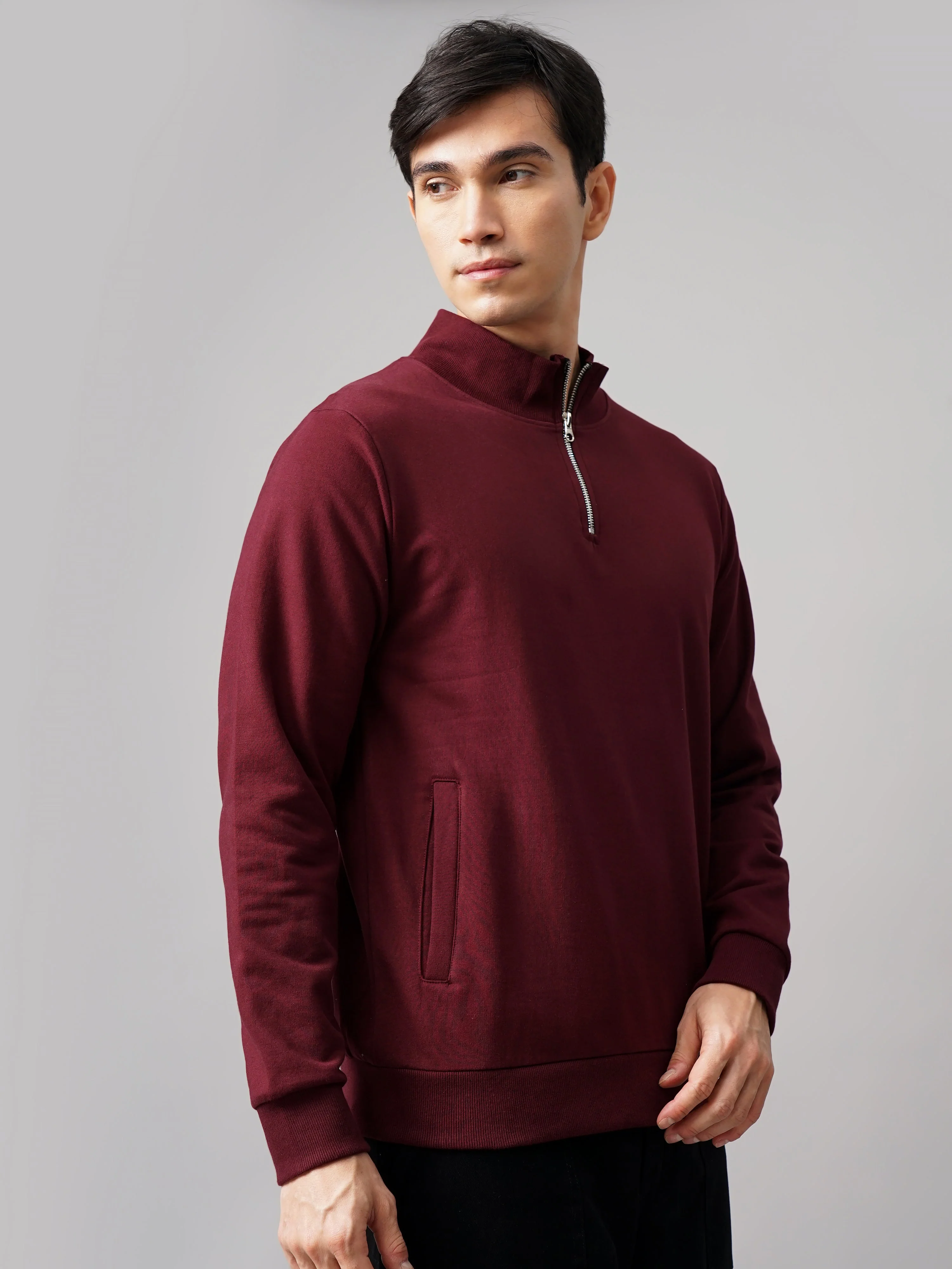 Men Half Zip Wine Sweatshirt - Image 6