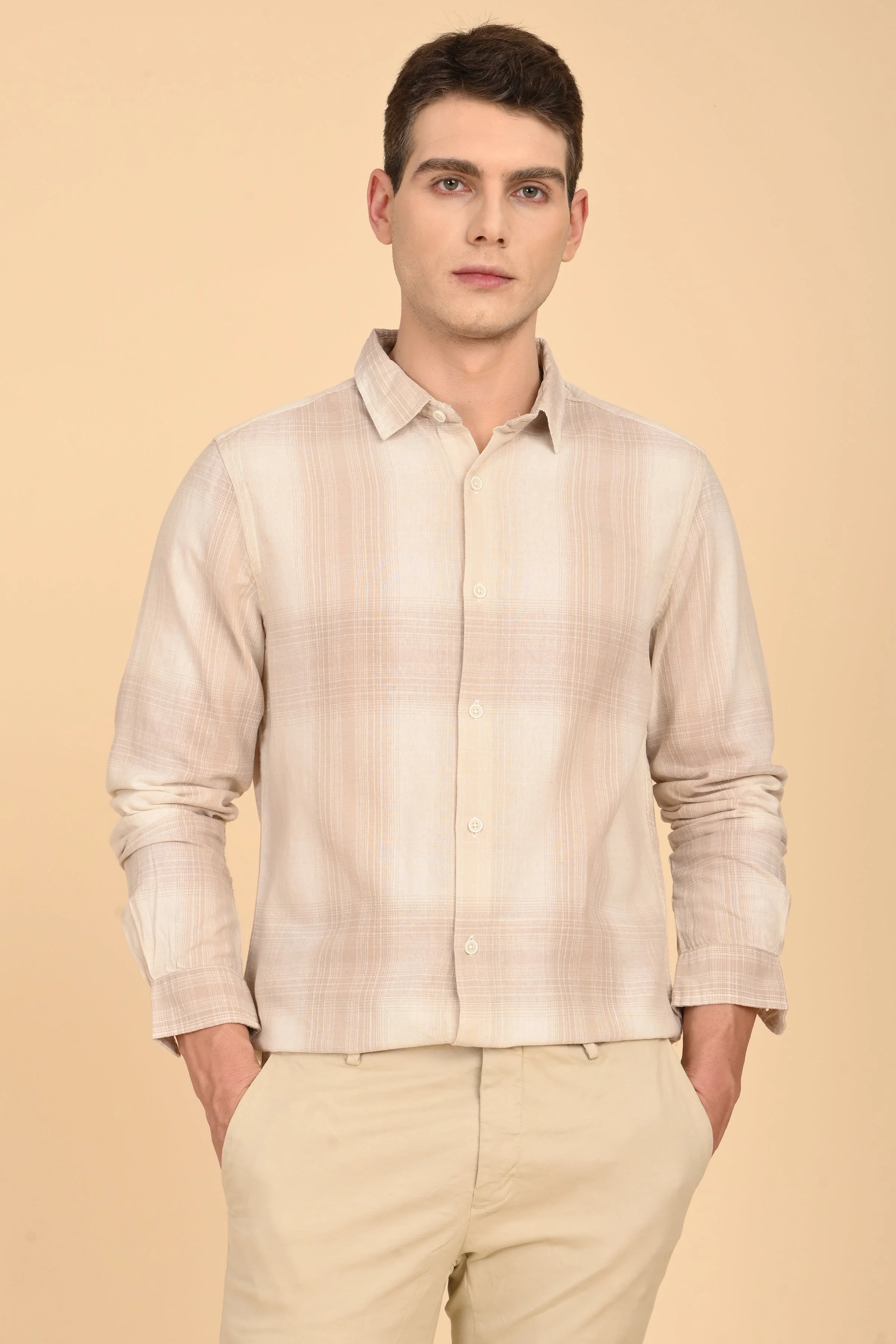 Men Howard Cotton Linen Check Shirt Beige - Image 3