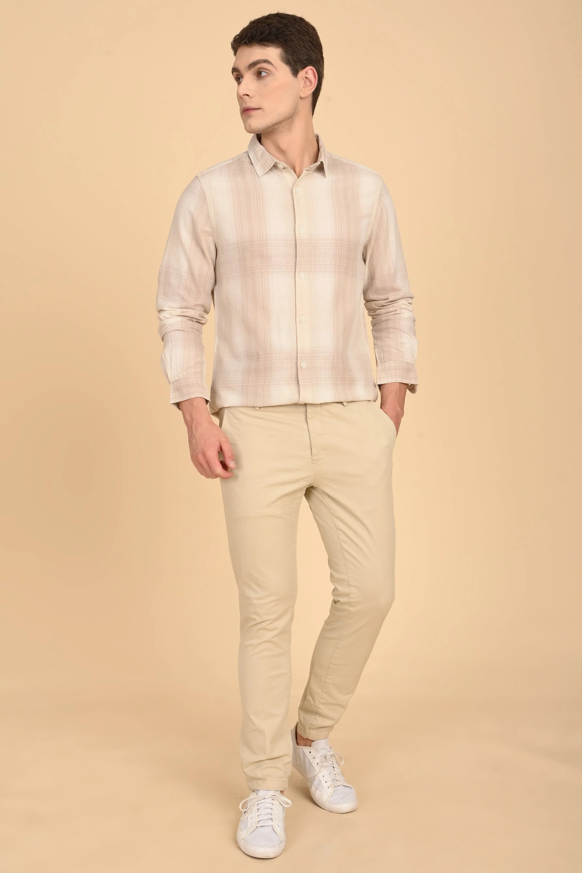 Men Howard Cotton Linen Check Shirt Beige - Image 4