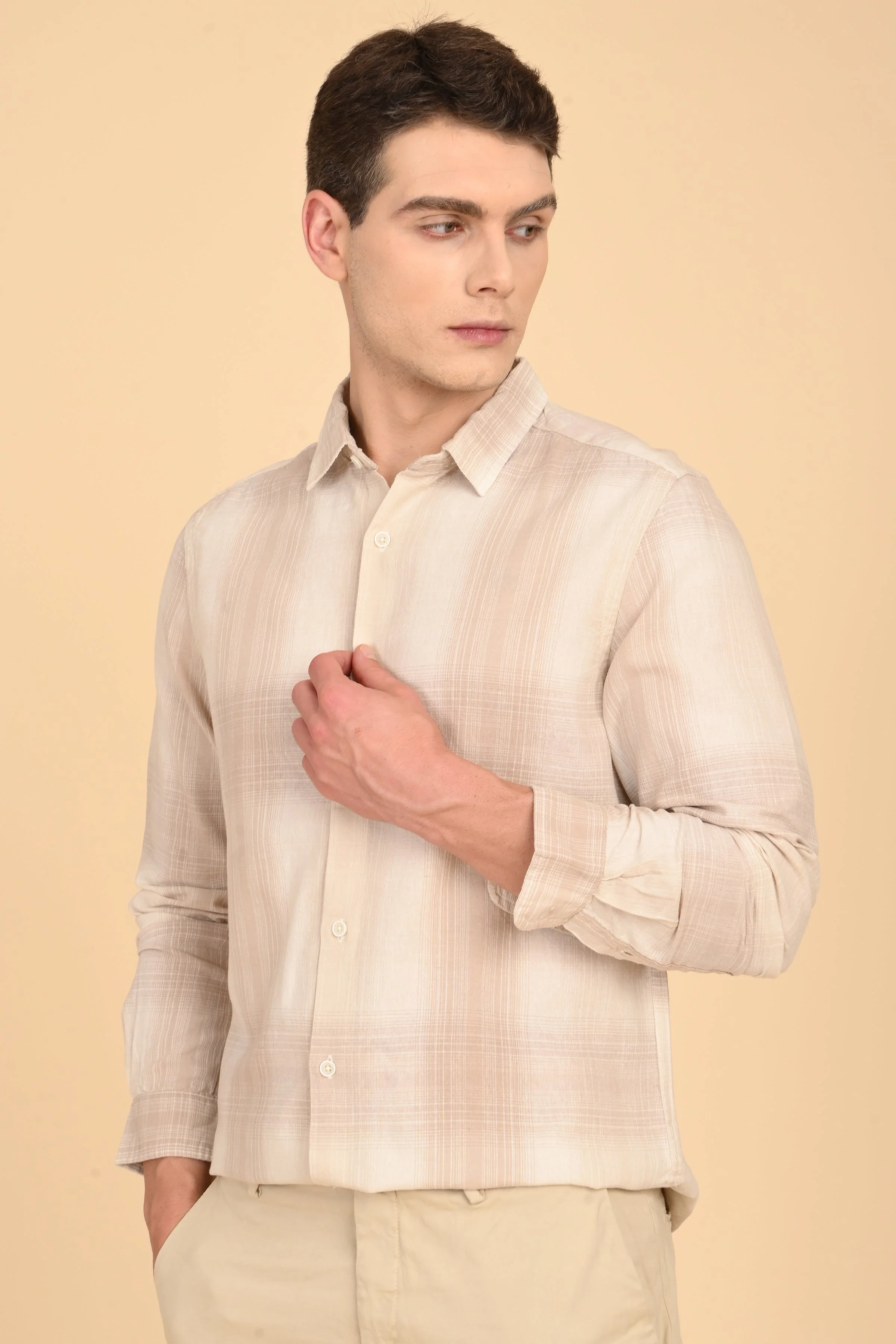 Men Howard Cotton Linen Check Shirt Beige - Image 5
