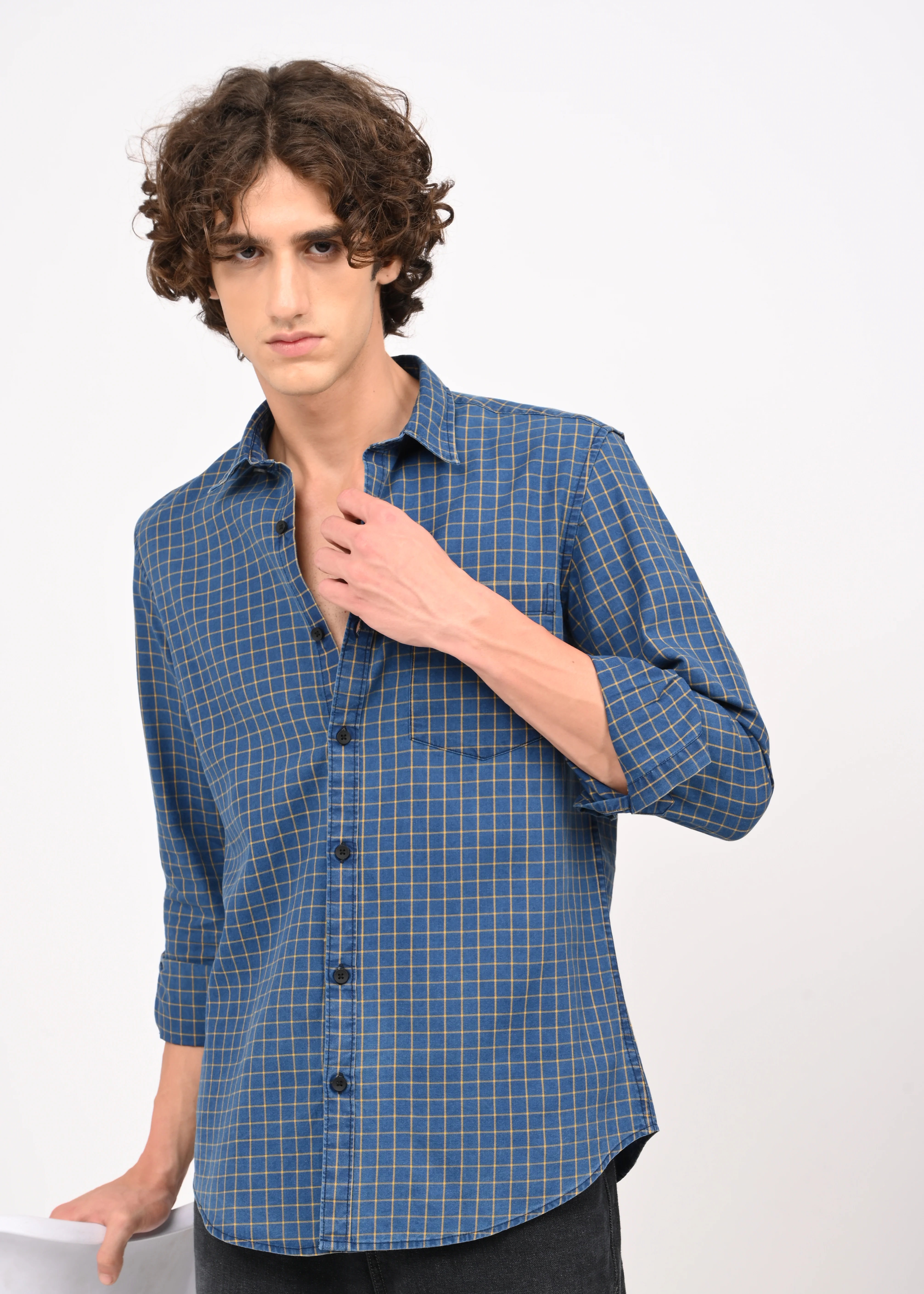 Men Blue Checked Shirt - Image 2