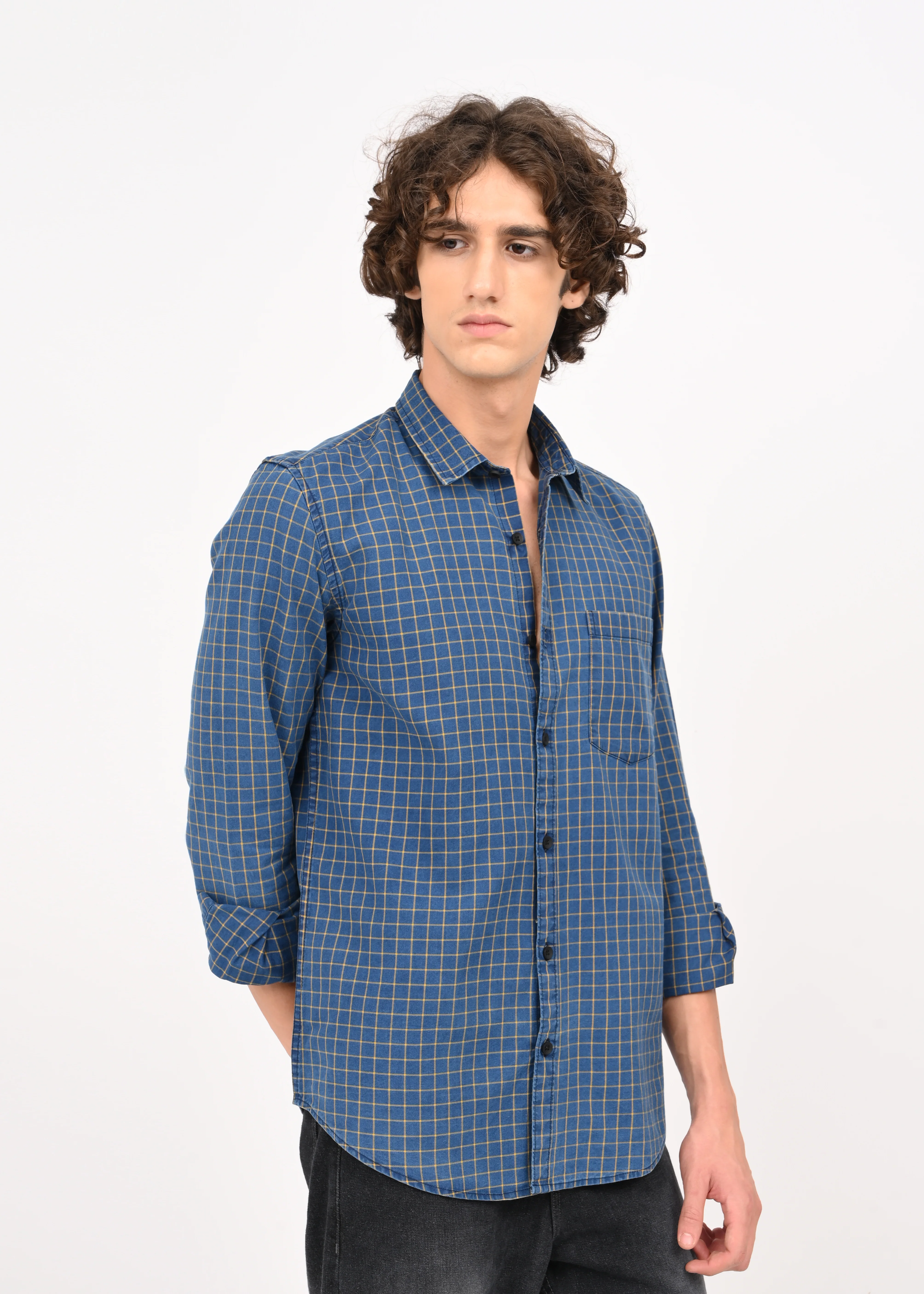 Men Blue Checked Shirt - Image 3