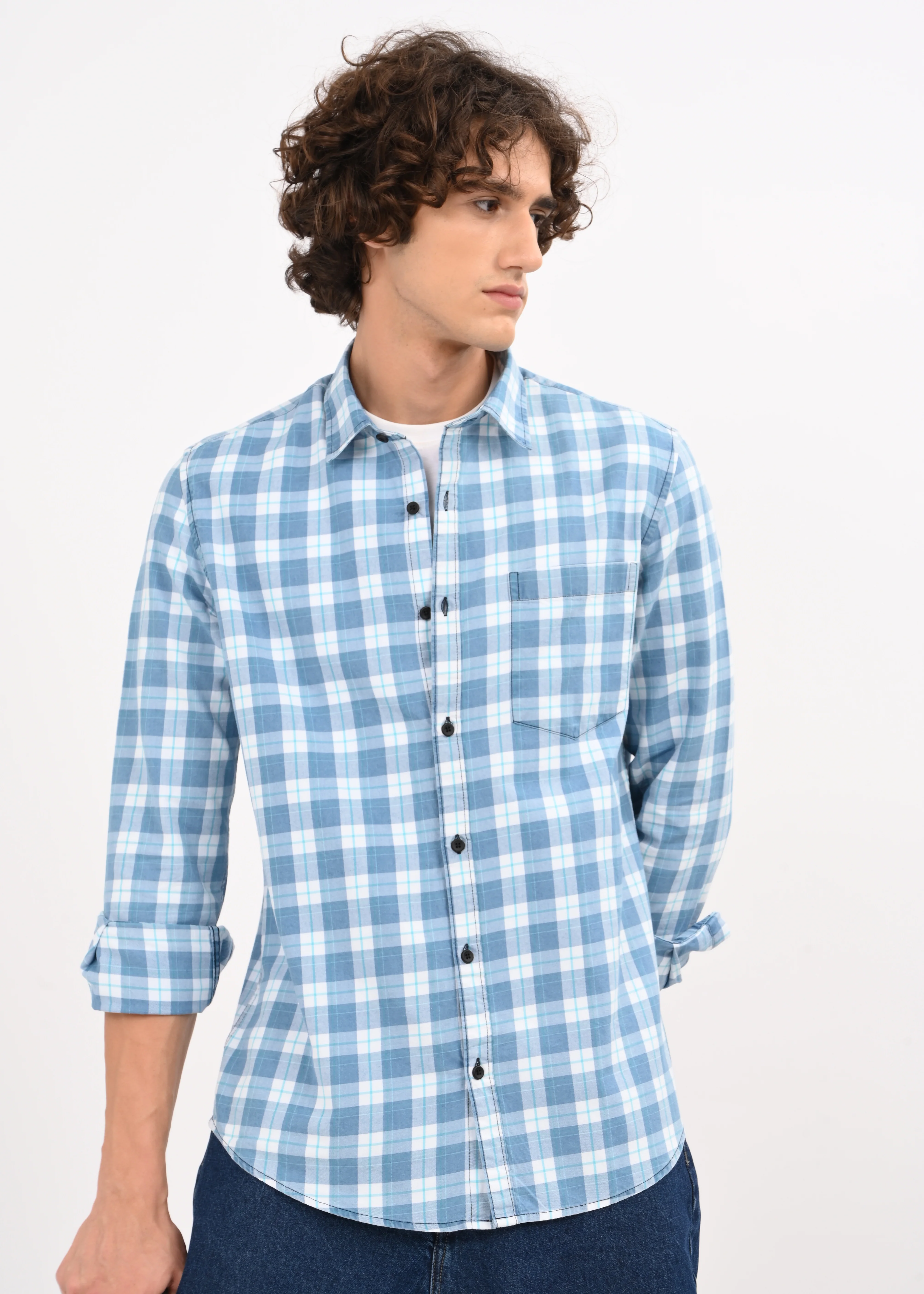 Men Blue Checked Shirt - Image 2