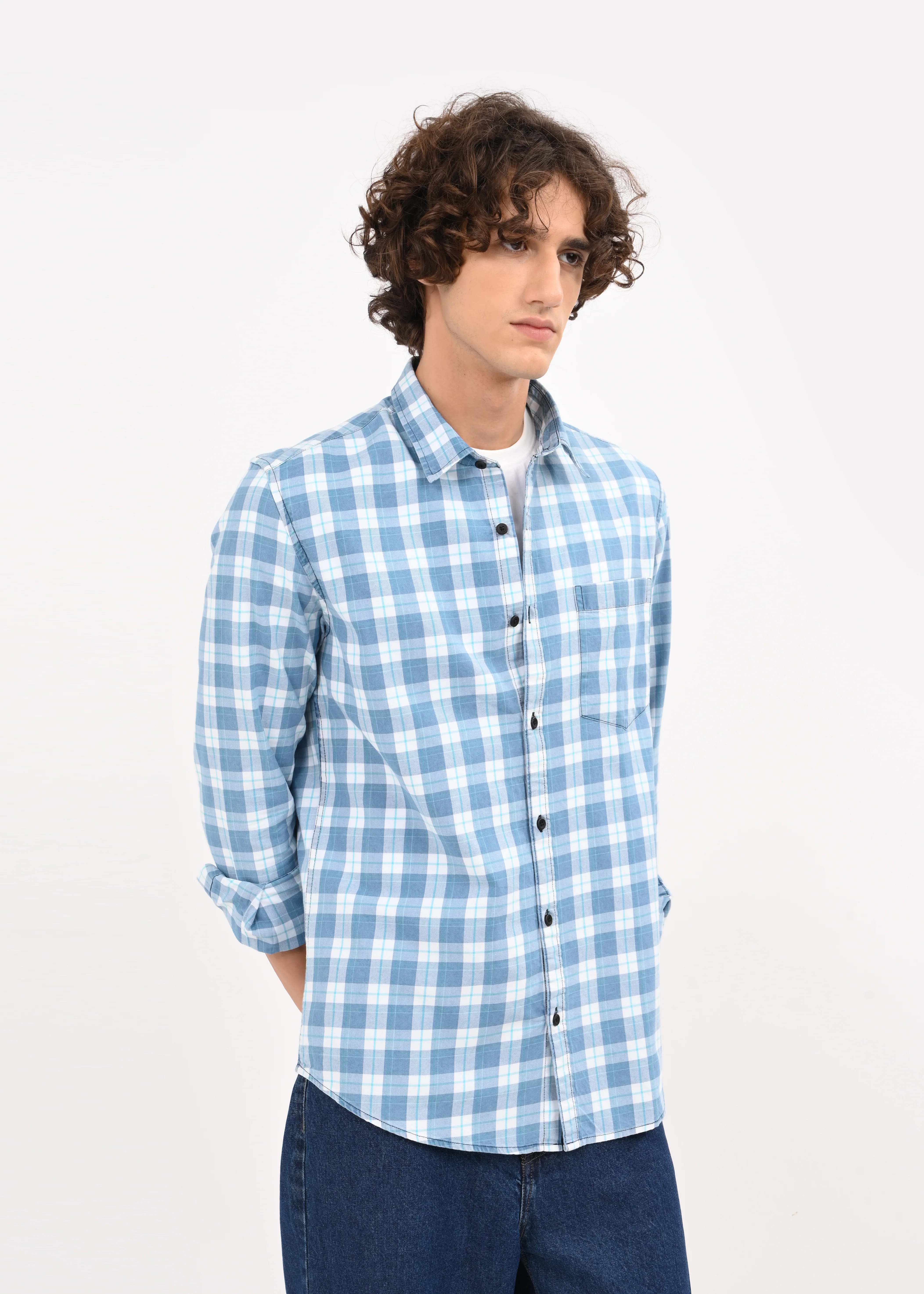 Men Blue Checked Shirt - Image 3
