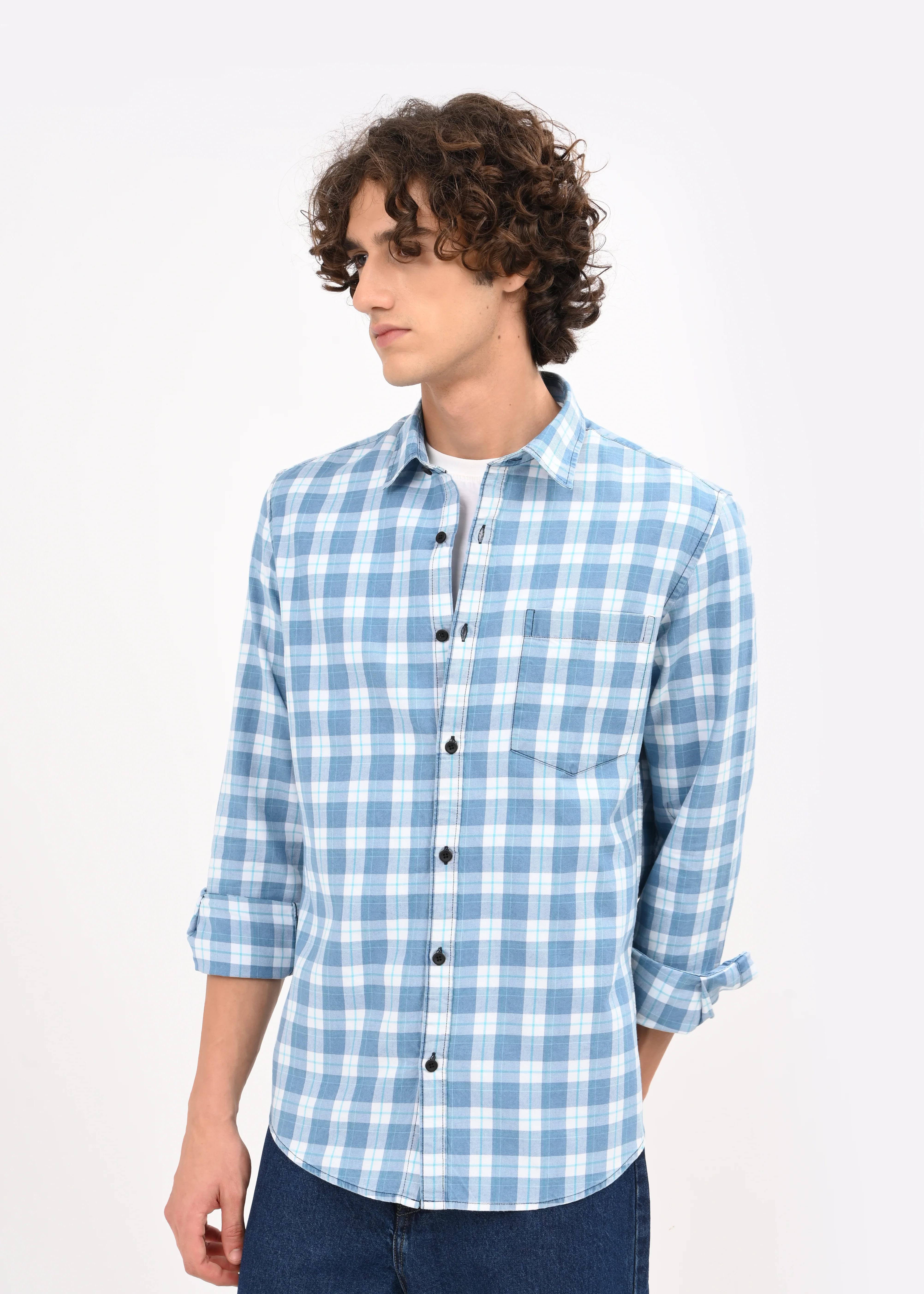 Men Blue Checked Shirt - Image 4
