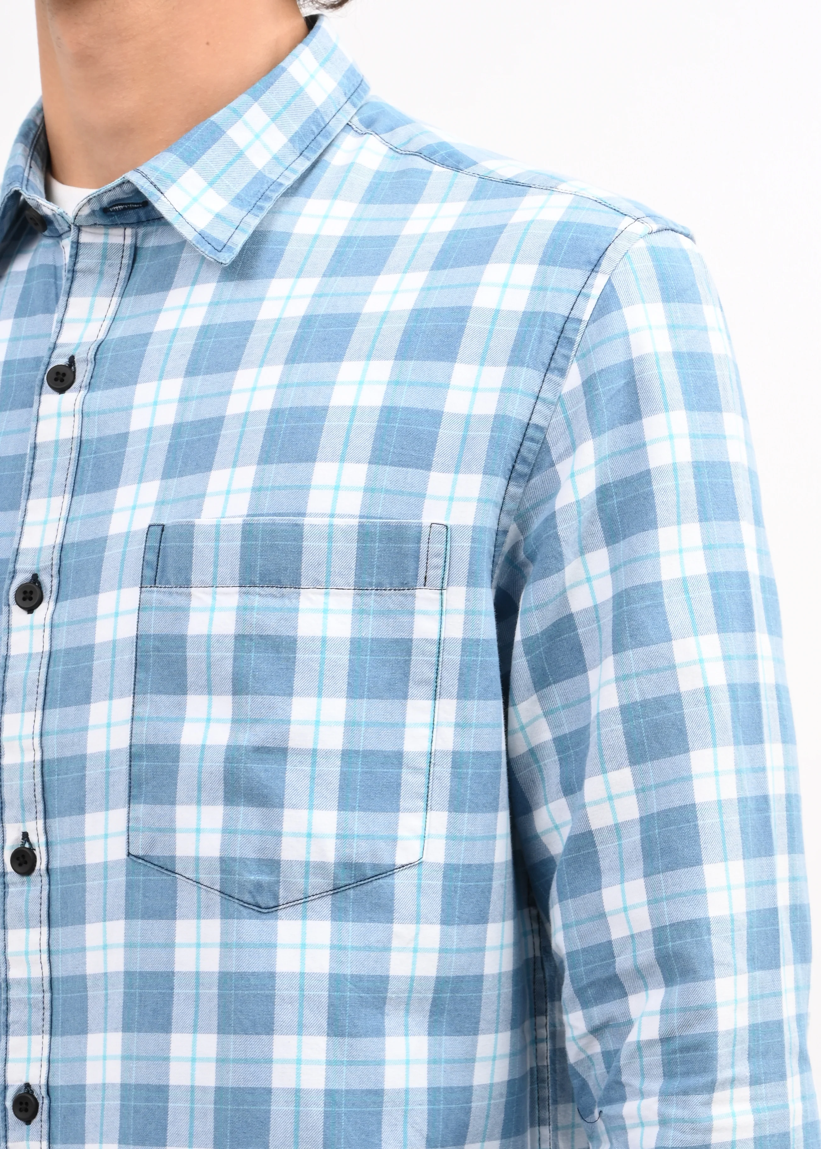 Men Blue Checked Shirt - Image 5