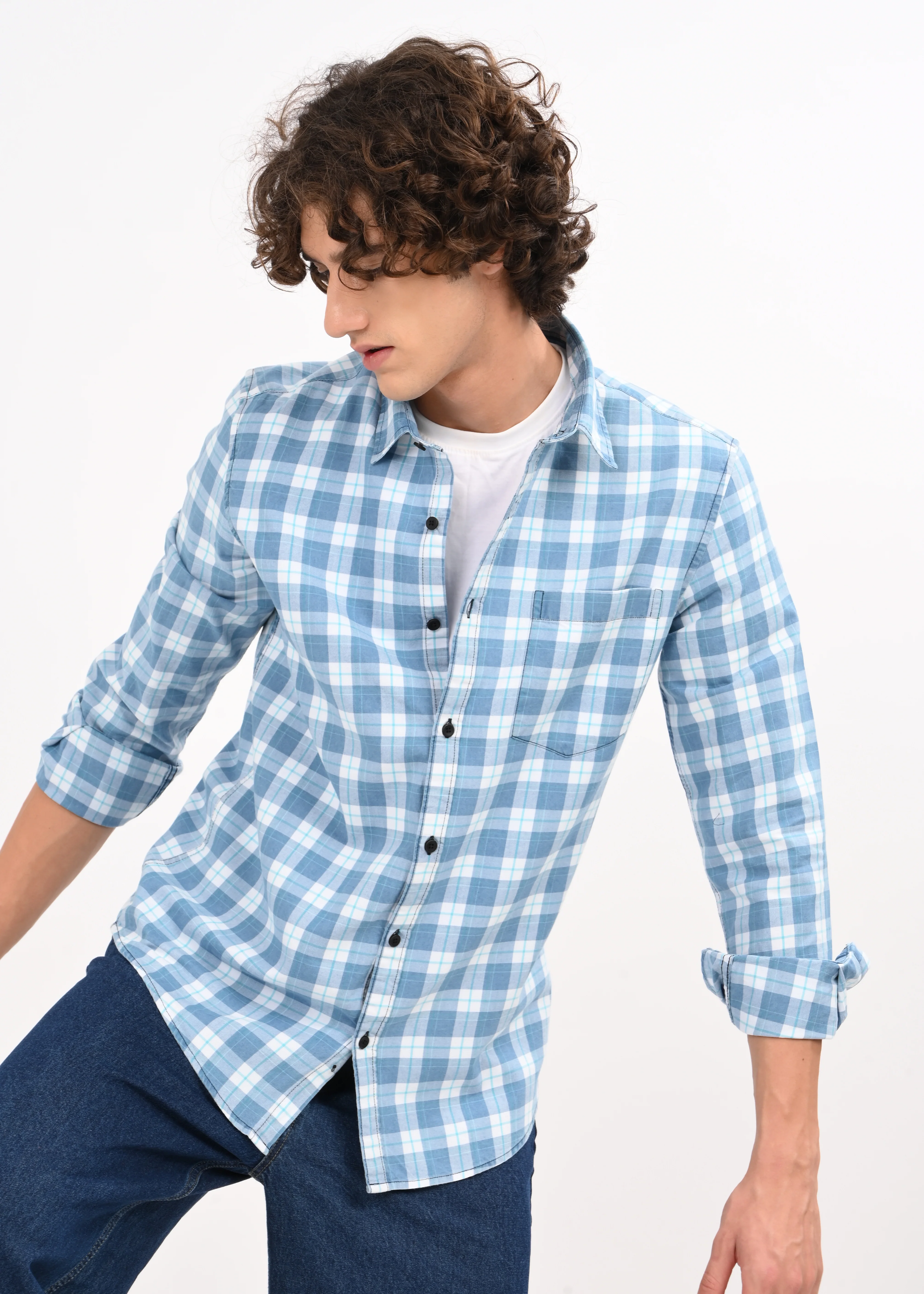 Men Blue Checked Shirt - Image 6