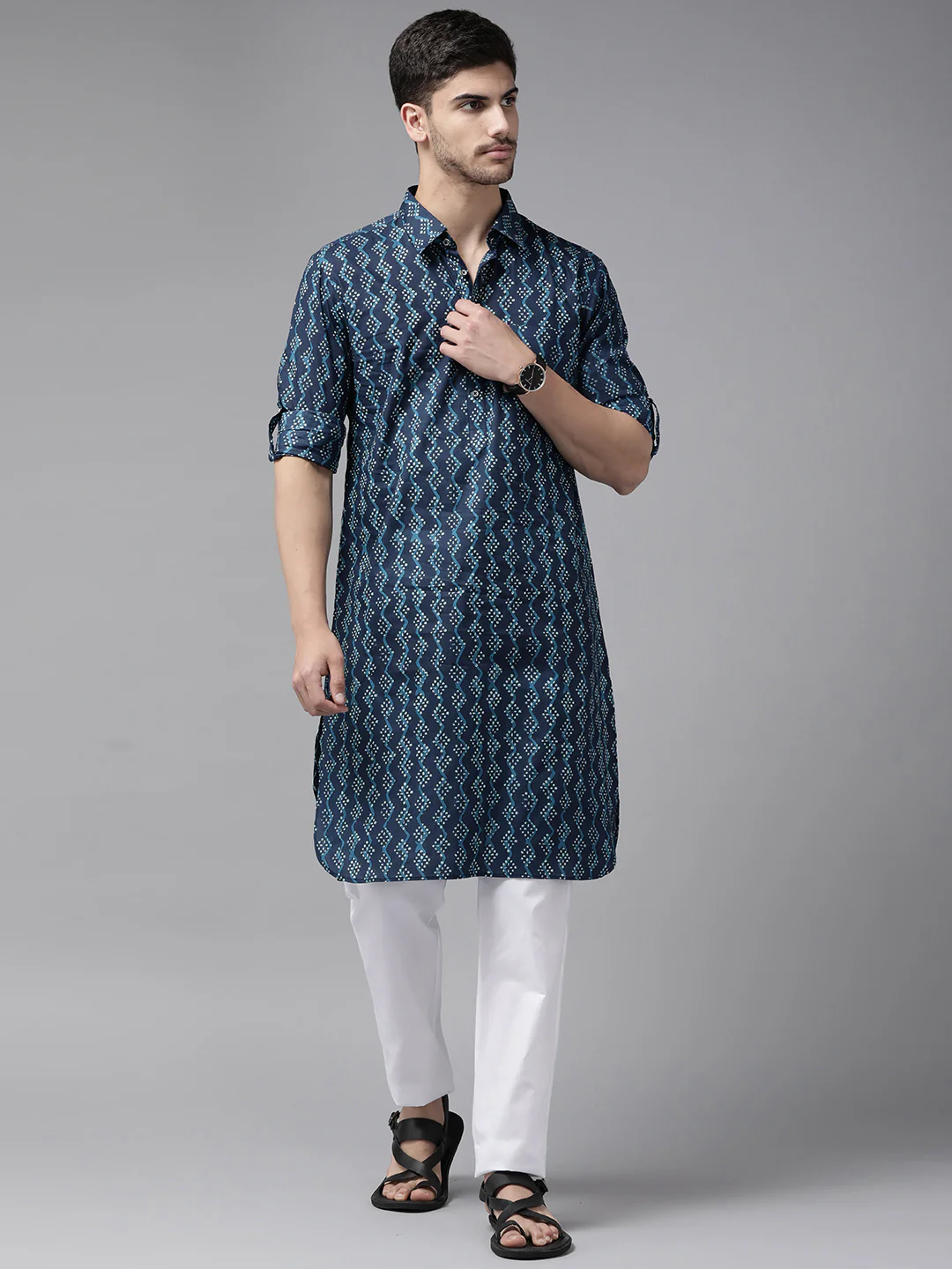 Men Indigo Regular Pure Cotton Pathani Printed Men'S Kurta - Image 5