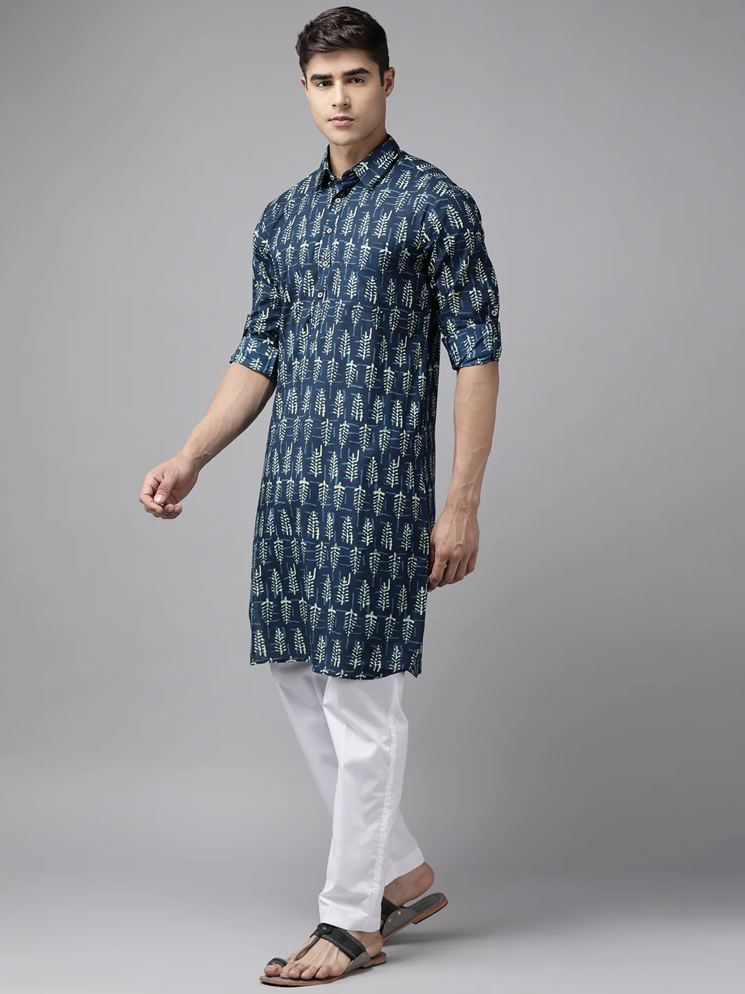 Men Indigo Regular Pure Cotton Pathani Printed Men'S Kurta - Image 4