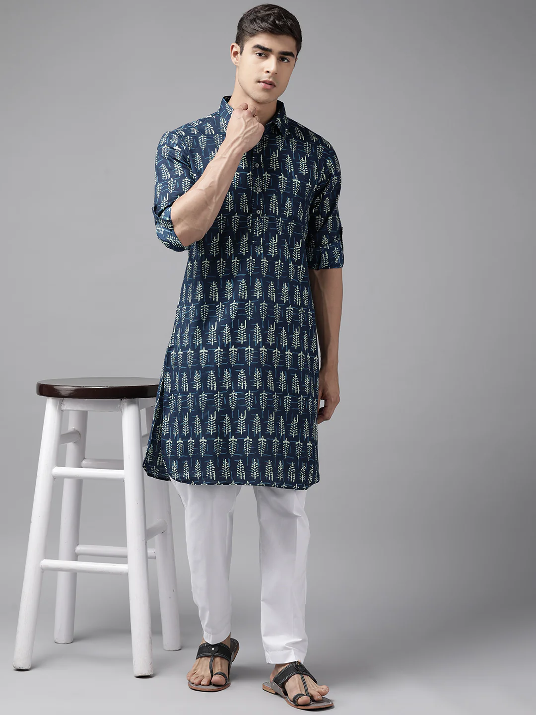 Men Indigo Regular Pure Cotton Pathani Printed Men'S Kurta - Image 6