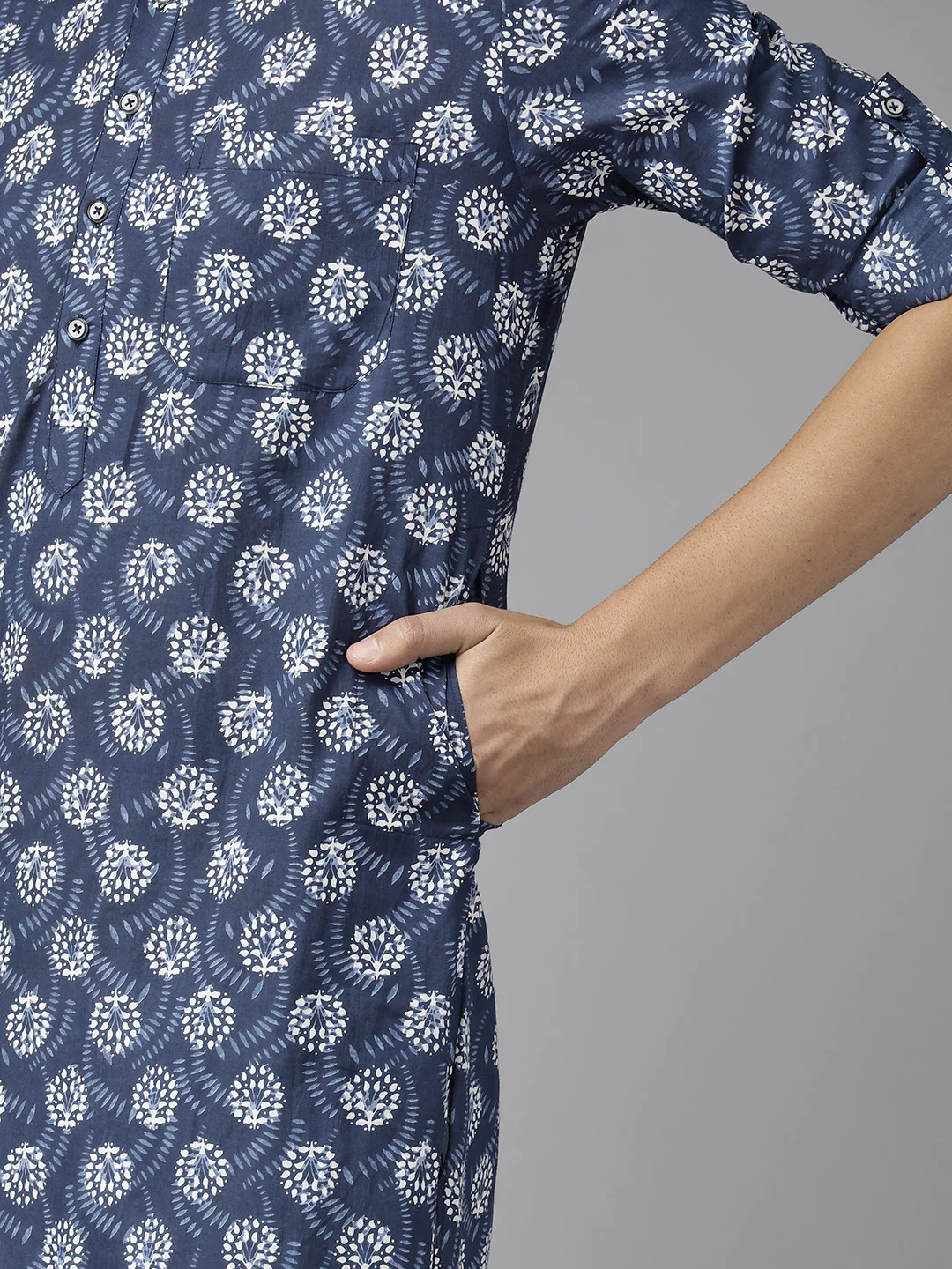 Men Indigo Regular Pure Cotton Pathani Printed Men'S Kurta - Image 3
