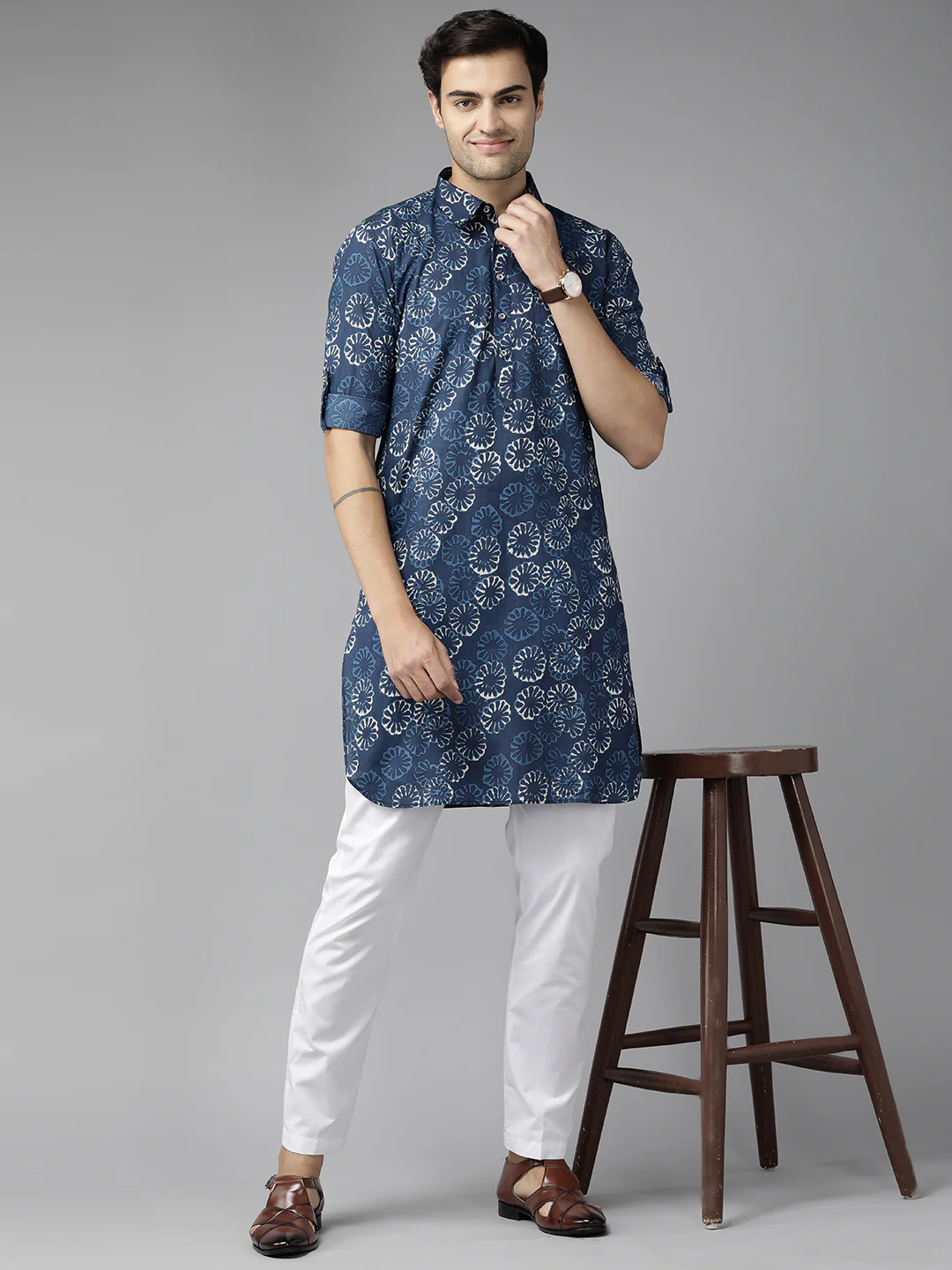 Men Indigo Regular Pure Cotton Pathani Printed Men'S Kurta