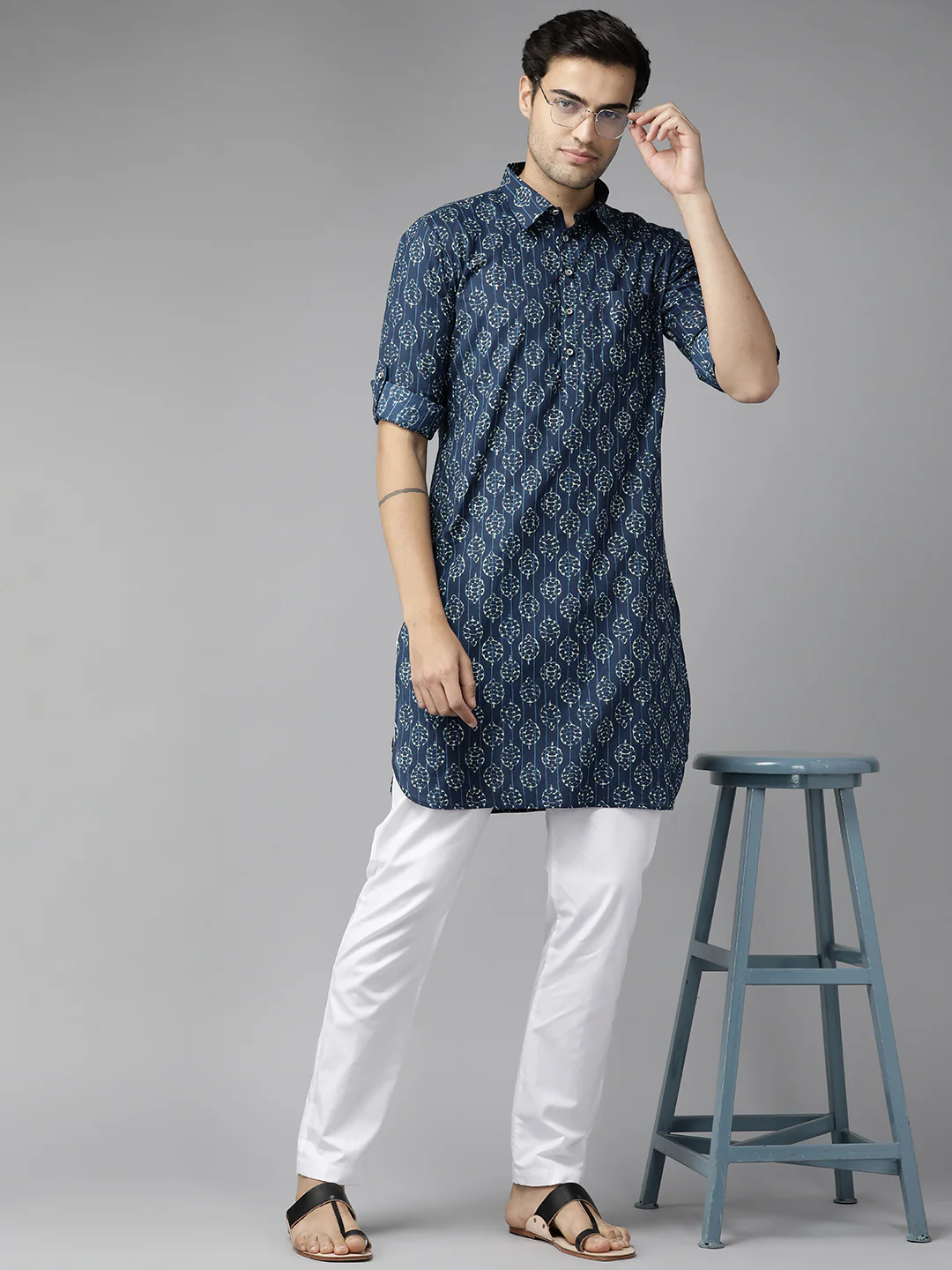 Men Indigo Regular Pure Cotton Pathani Printed Men'S Kurta - Image 5