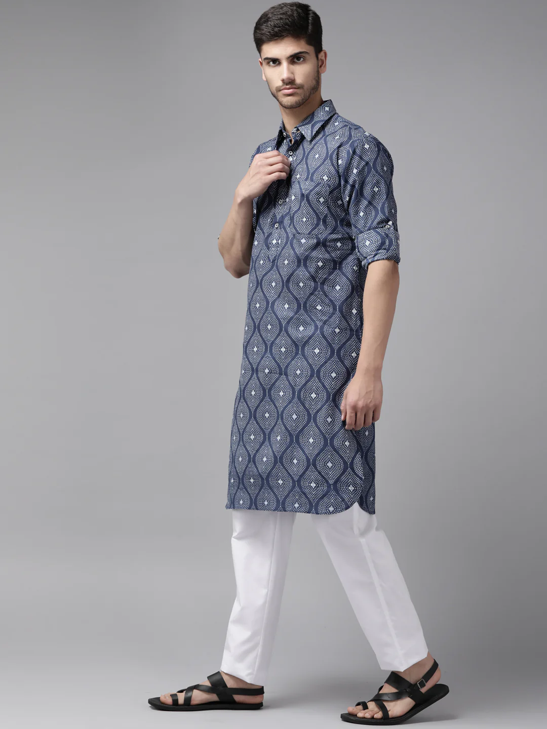 Men Indigo Regular Pure Cotton Pathani Printed Men'S Kurta - Image 4