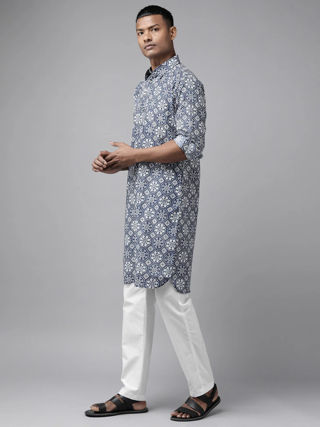 Men Indigo Regular Pure Cotton Pathani Printed Men'S Kurta - Image 4
