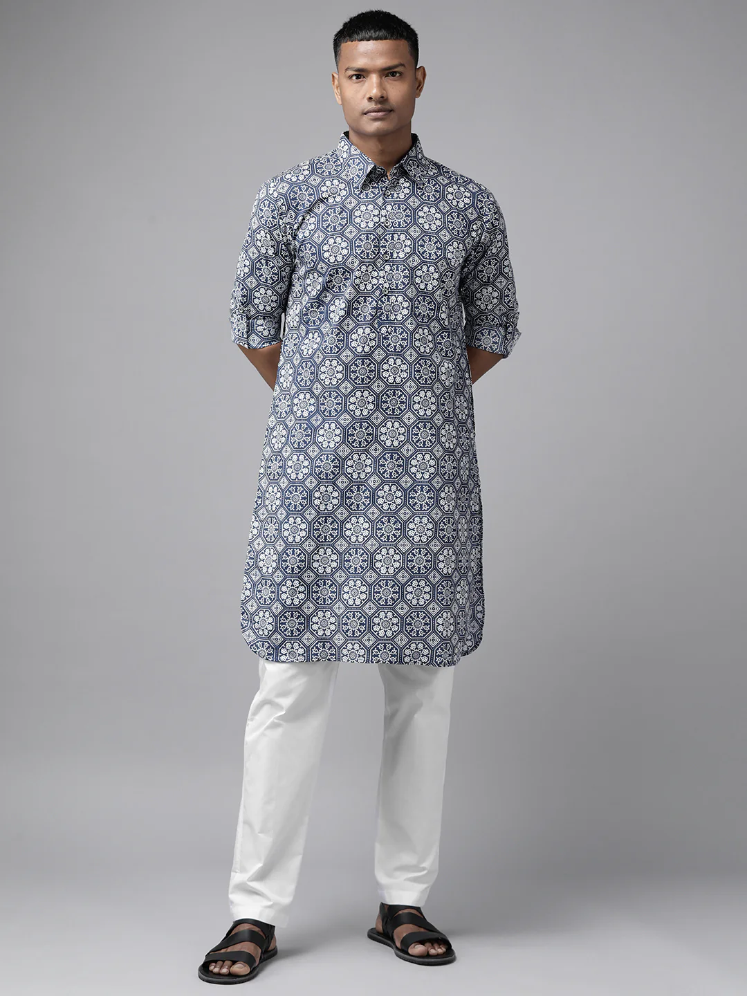 Men Indigo Regular Pure Cotton Pathani Printed Men'S Kurta - Image 6