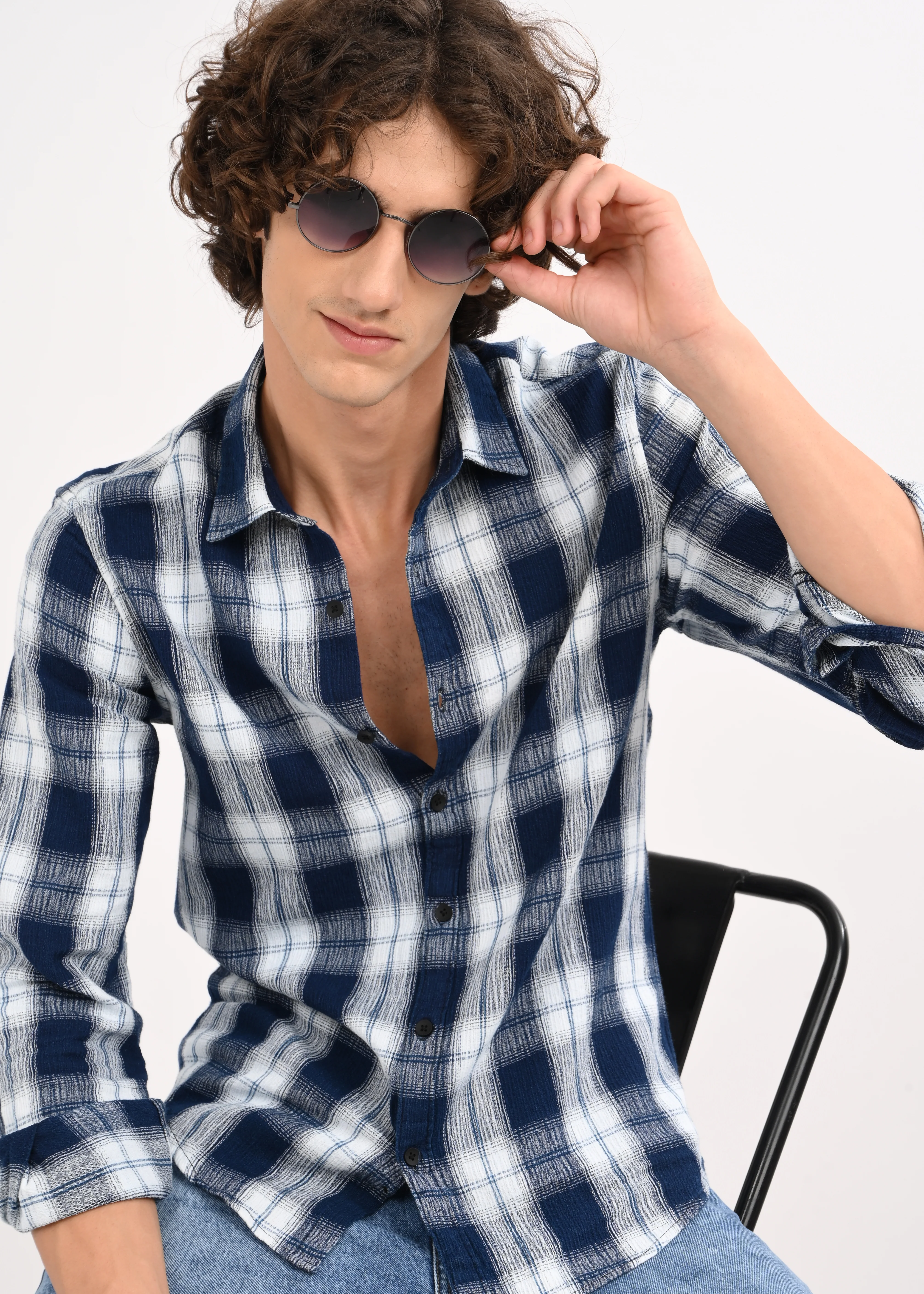 Men Navy Checked Shirt