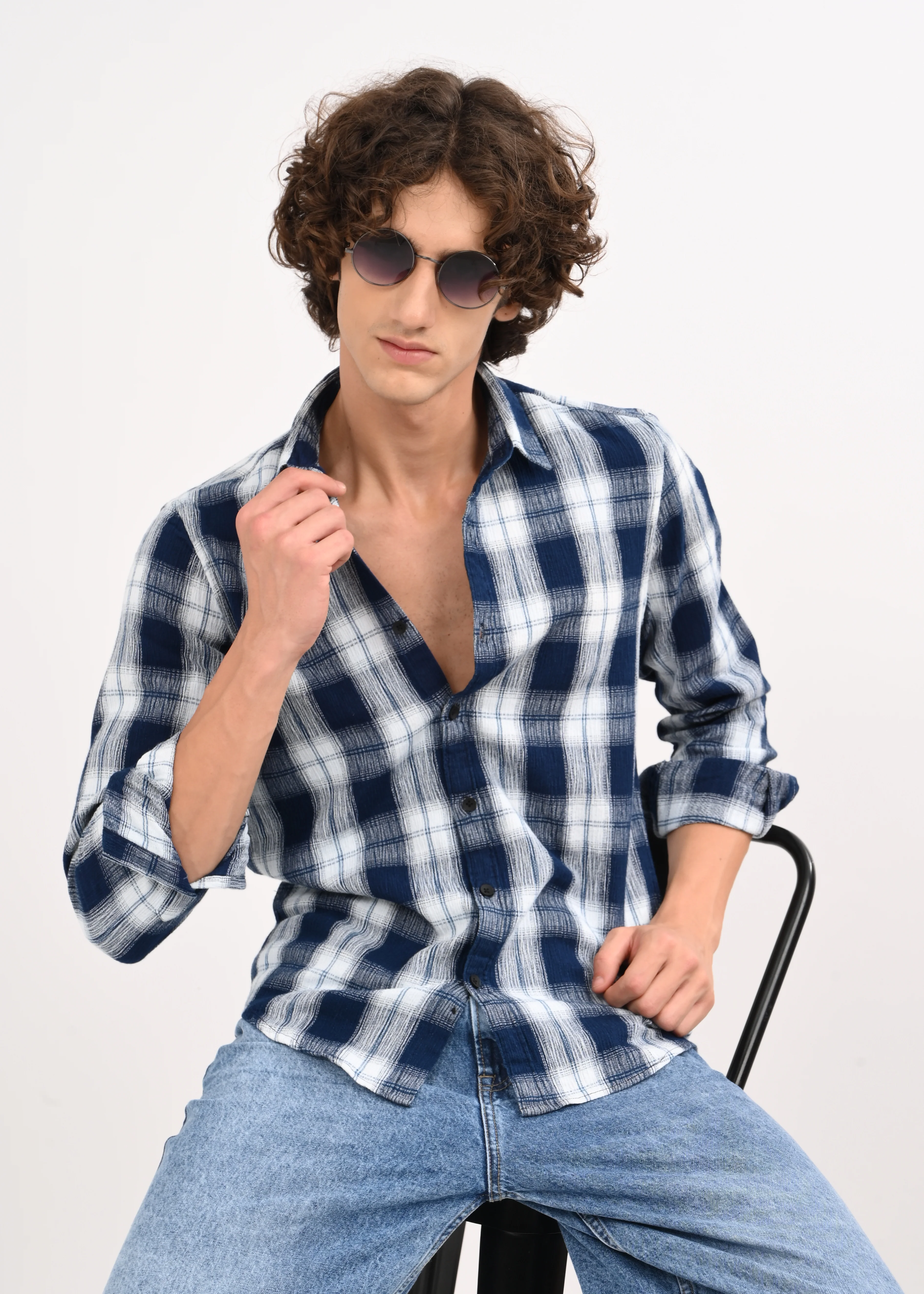 Men Navy Checked Shirt - Image 2