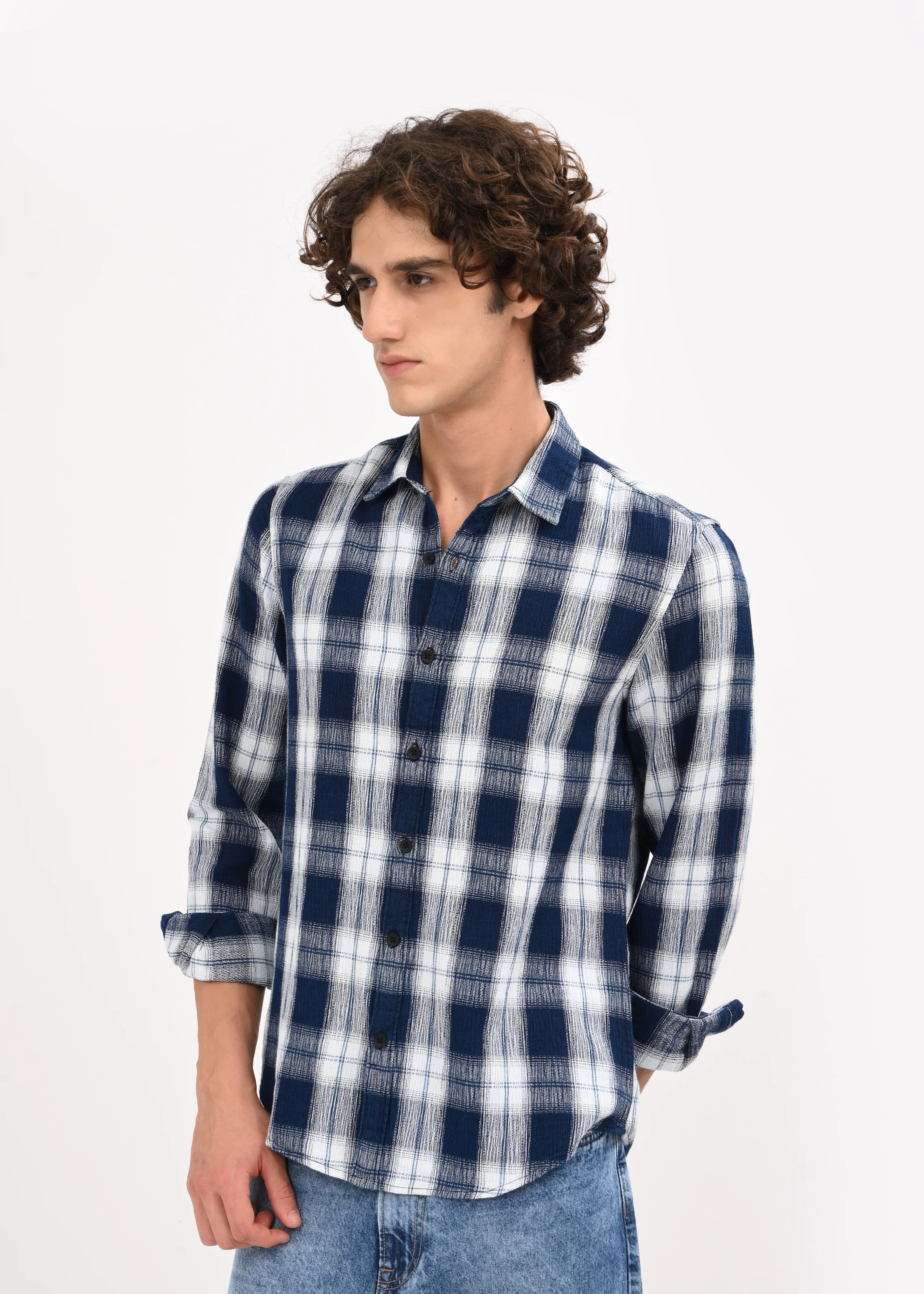 Men Navy Checked Shirt - Image 3