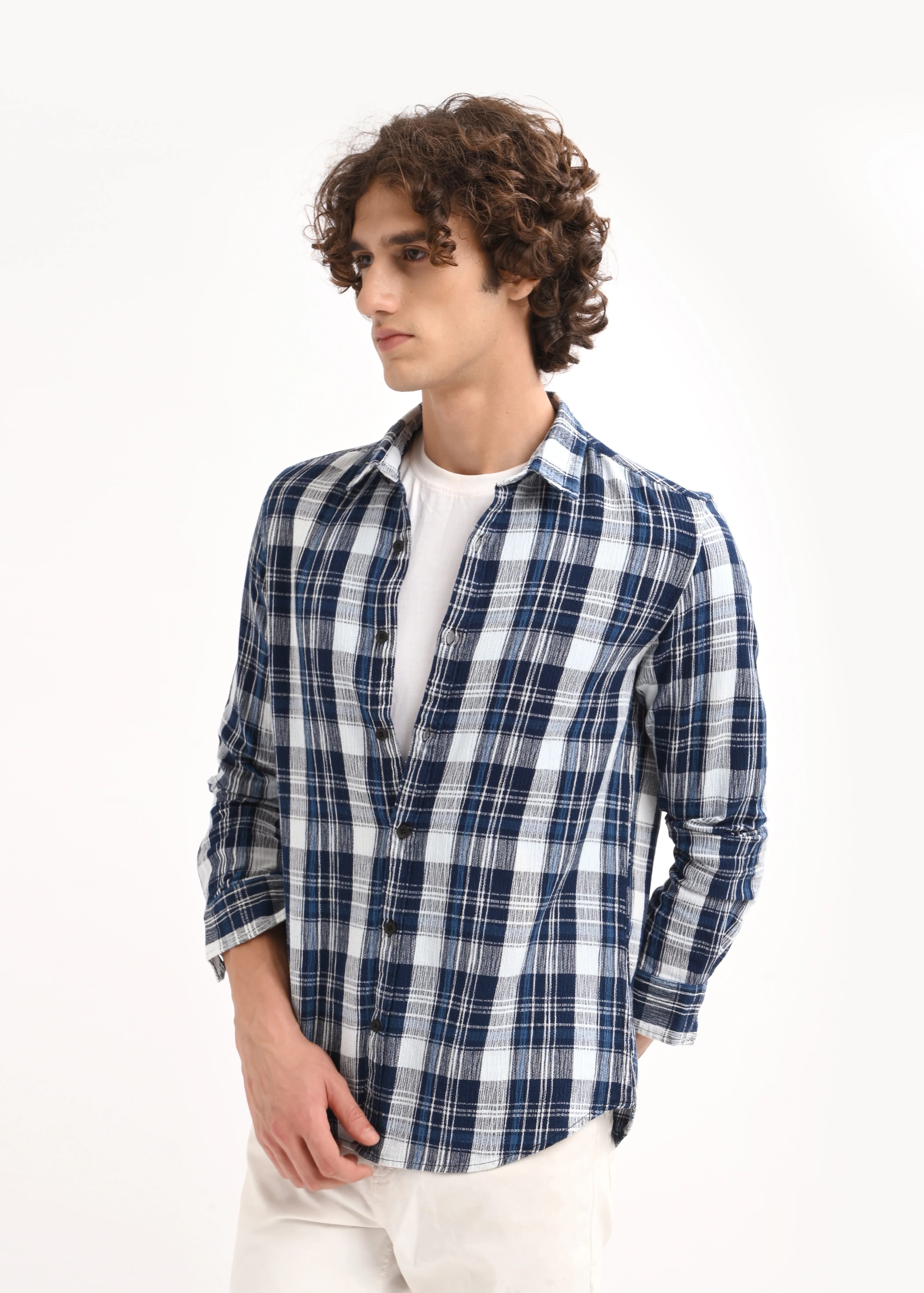 Men Navy Blue Checked Shirt - Image 2