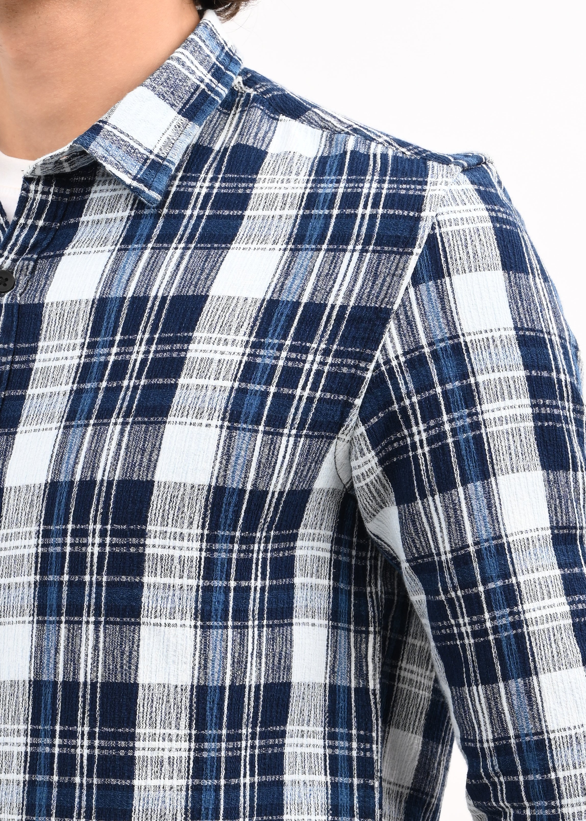 Men Navy Blue Checked Shirt - Image 3