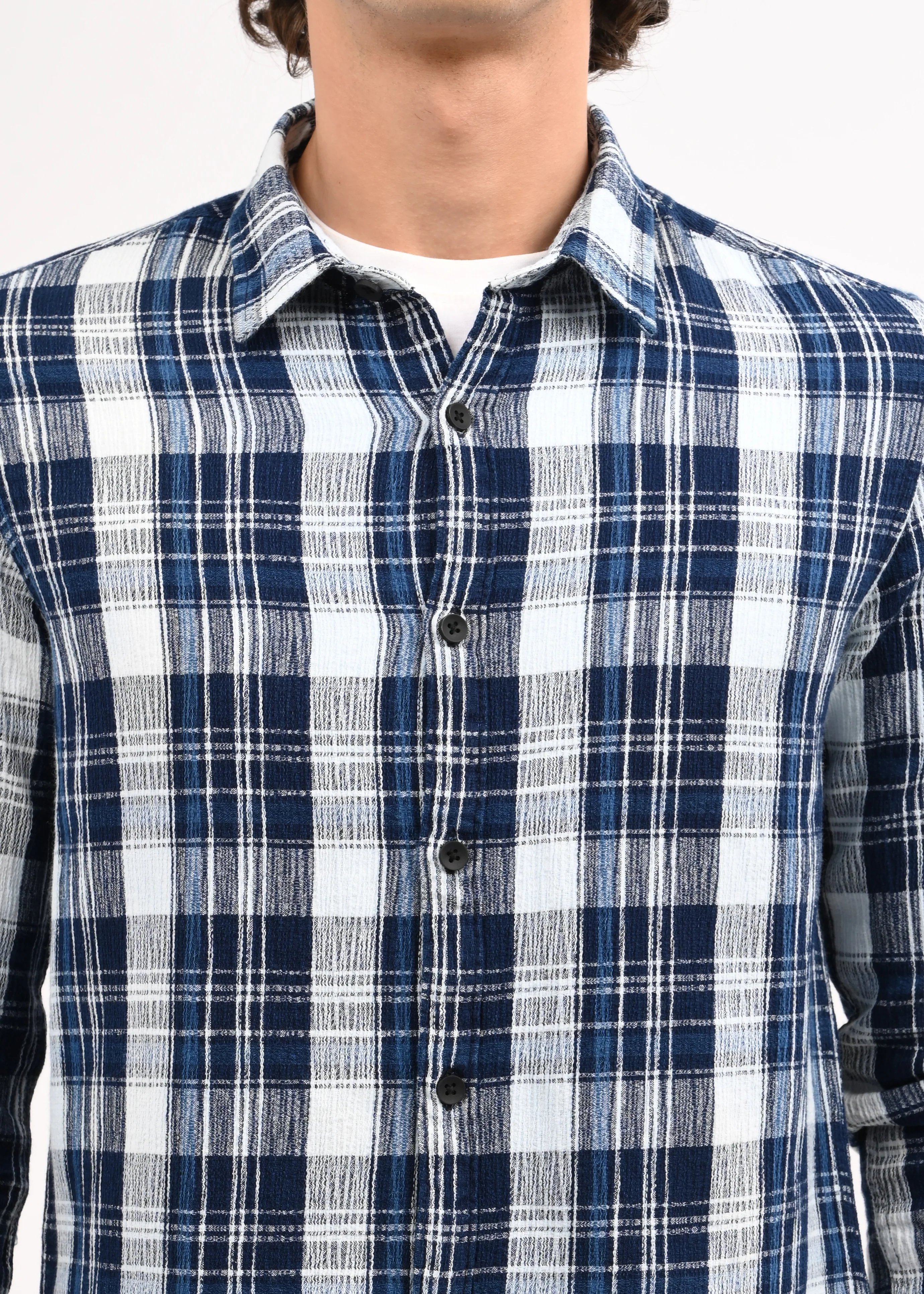 Men Navy Blue Checked Shirt - Image 4