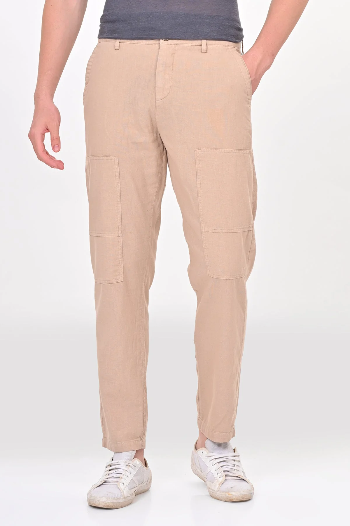 Men Ivory Linen Detailed Trouser Beige - Image 3