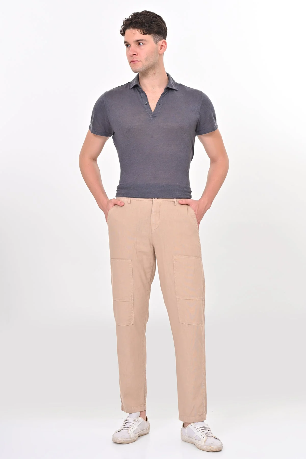 Men Ivory Linen Detailed Trouser Beige - Image 4