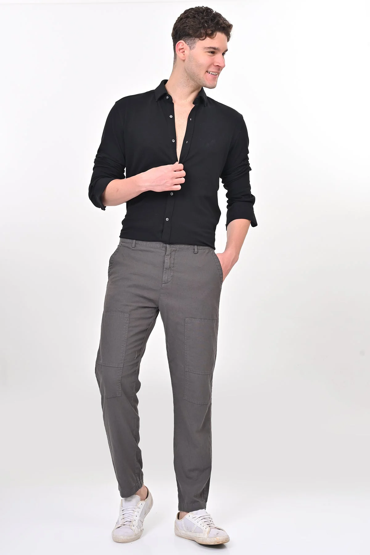 Men Ivory Linen Detailed Trouser Dk Grey - Image 4