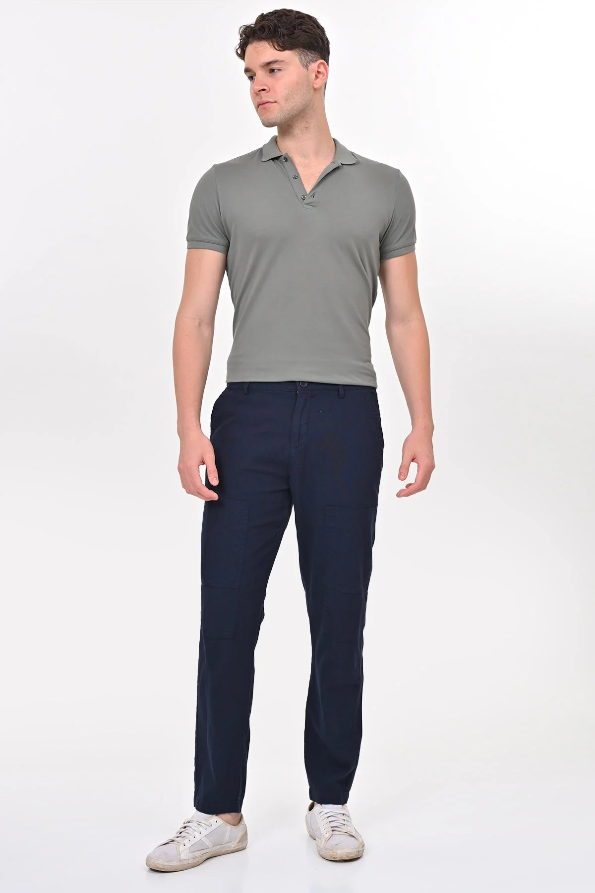 Men Ivory Linen Detailed Trouser Navy - Image 4