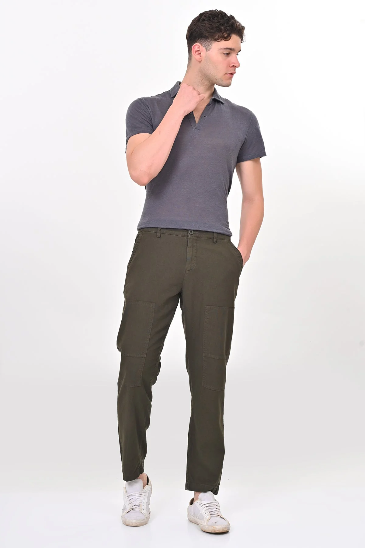 Men Ivory Linen Detailed Trouser Olive - Image 4