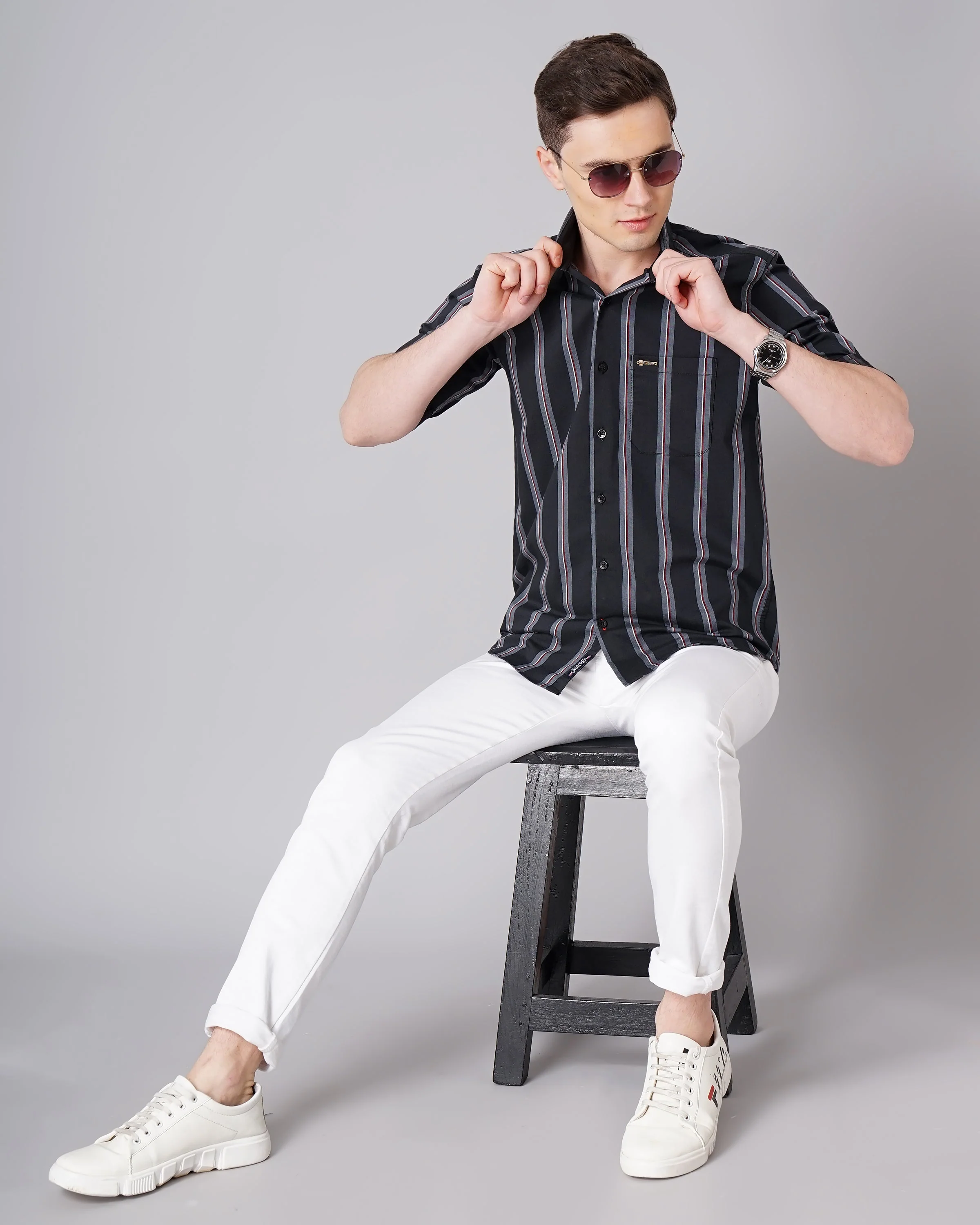 Men Jake Black Striped Shirt - Image 2