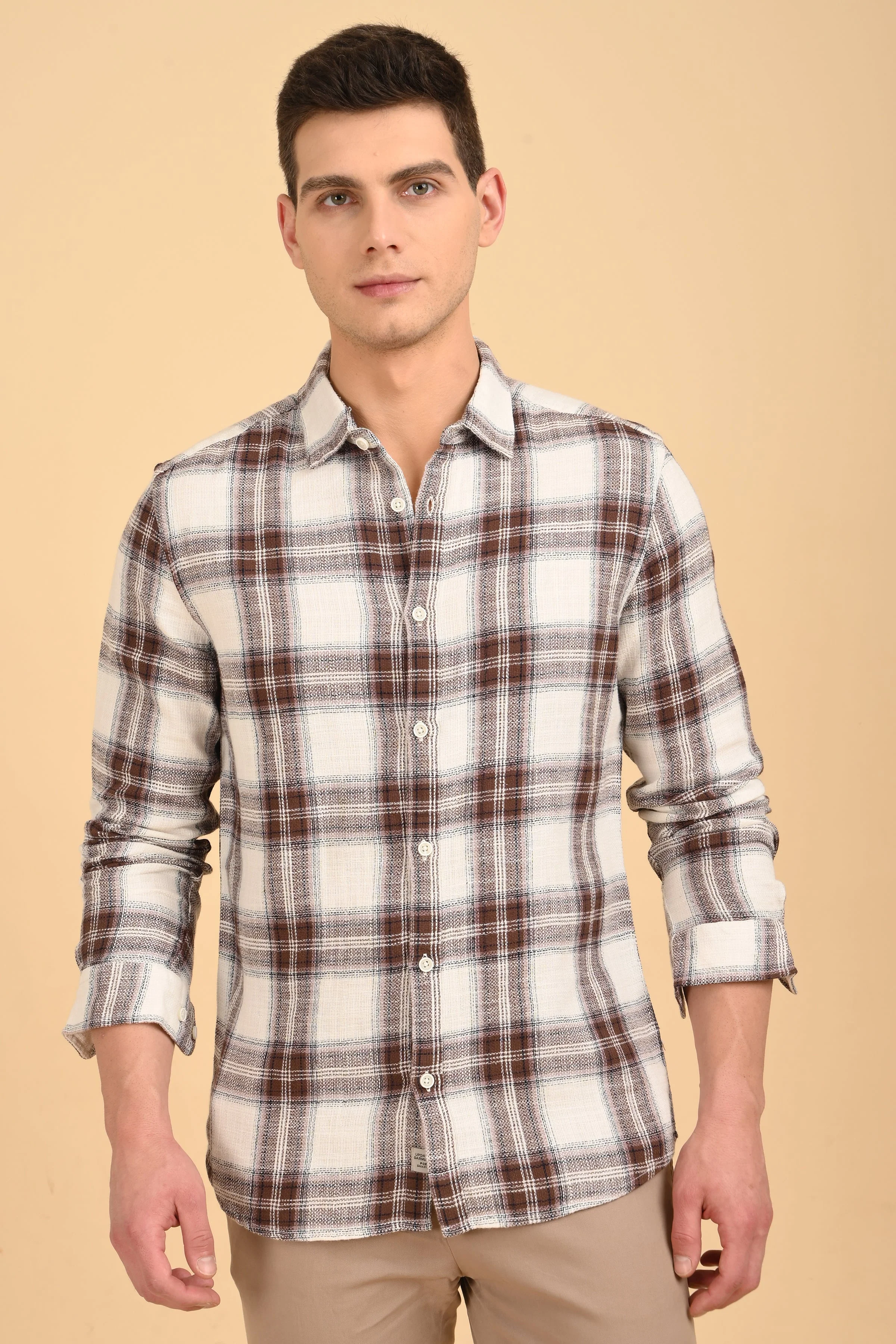 Men Jean Slub Check Shirt Brown - Image 3