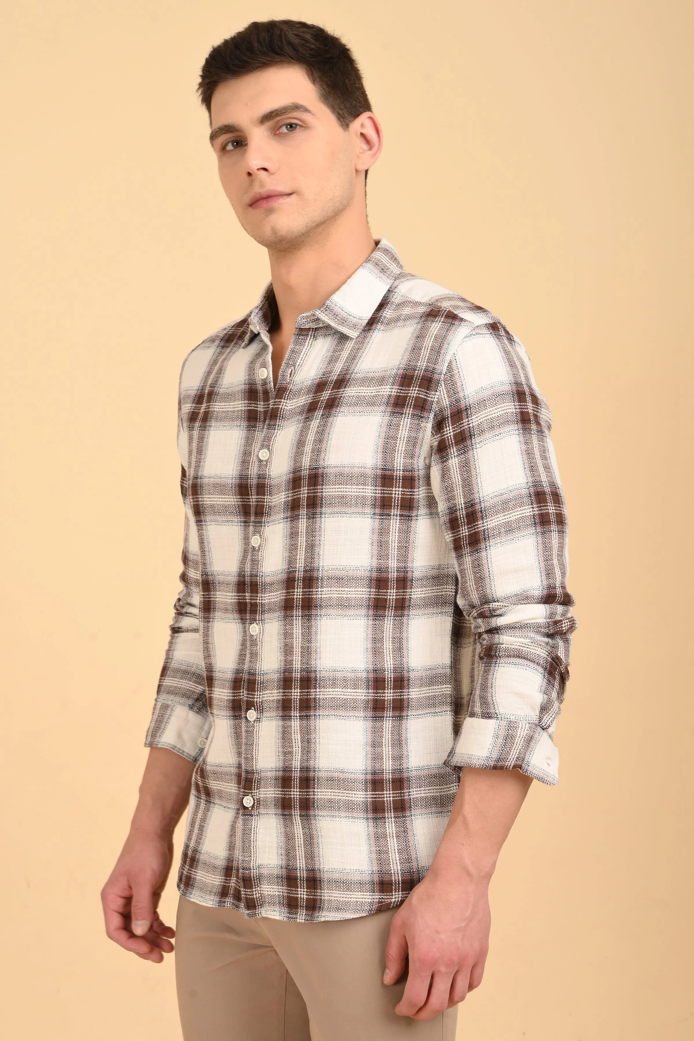Men Jean Slub Check Shirt Brown - Image 4