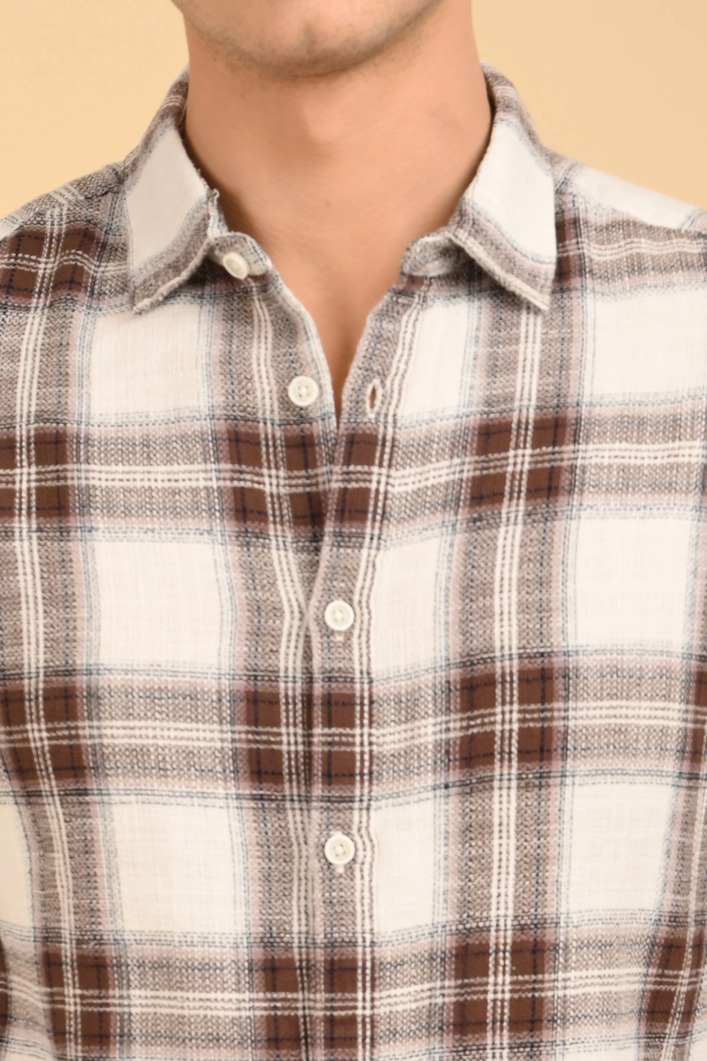 Men Jean Slub Check Shirt Brown - Image 6