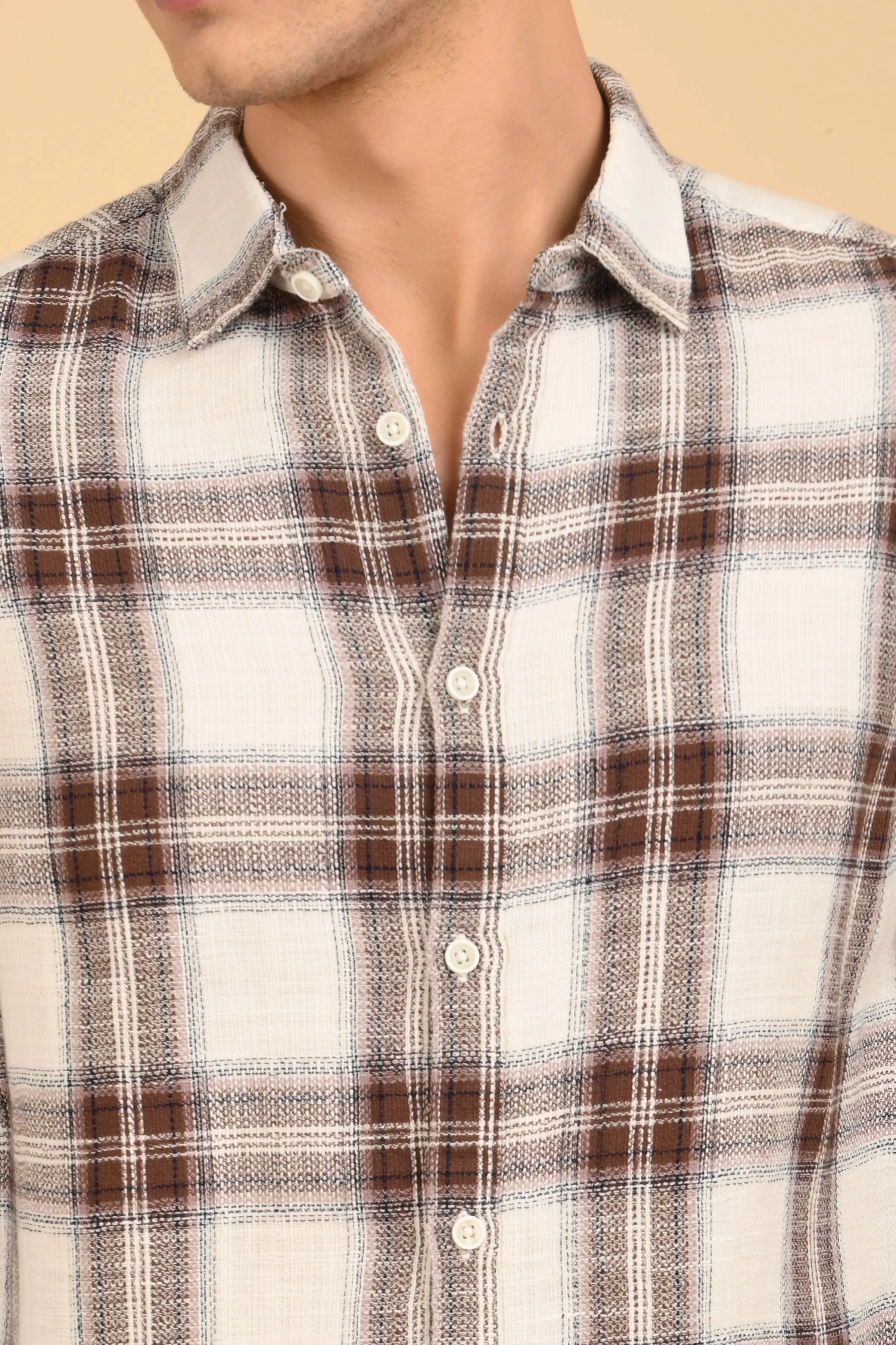 Men Jean Slub Check Shirt Brown - Image 7