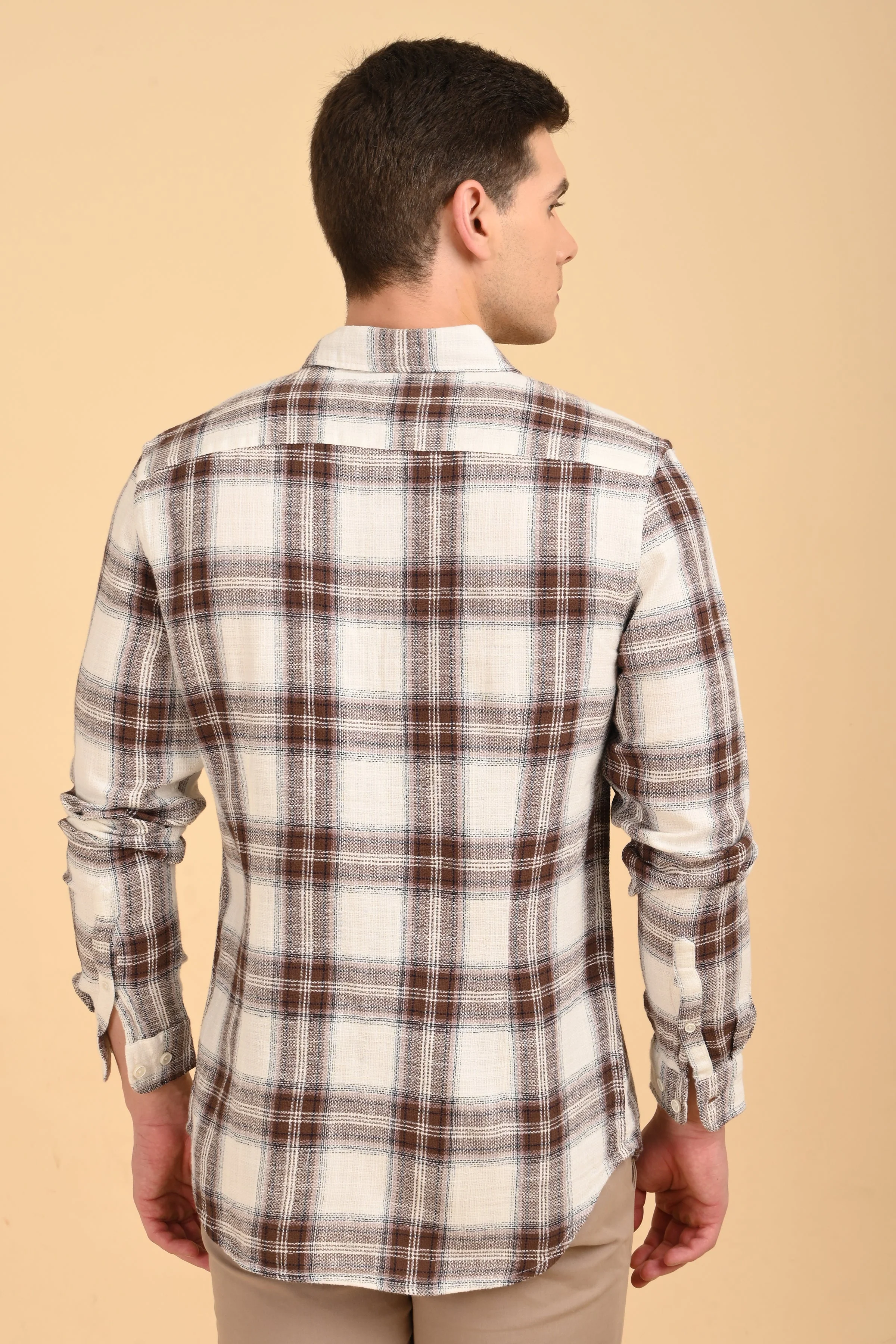 Men Jean Slub Check Shirt Brown - Image 8
