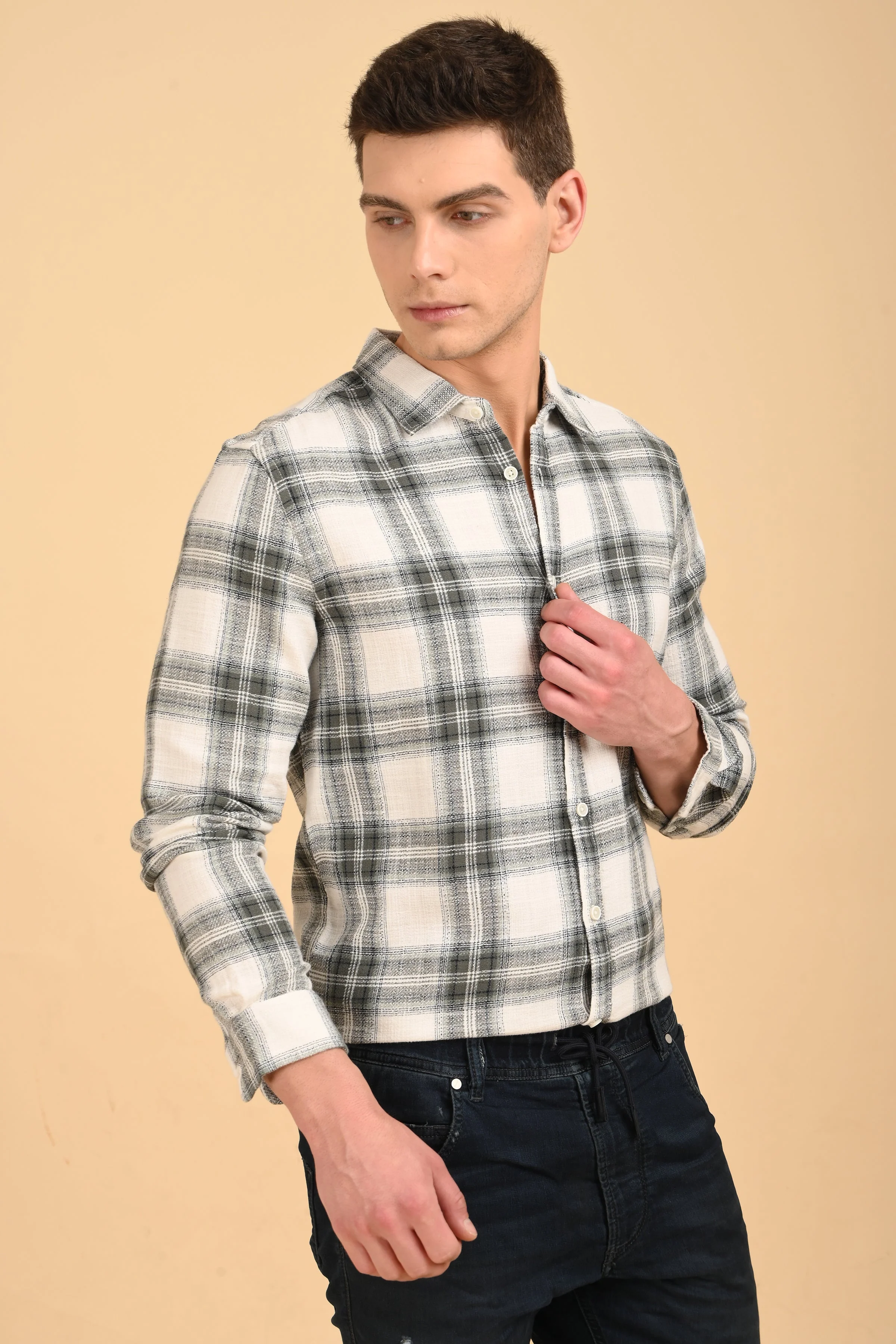 Men Jean Slub Check Shirt Green - Image 2