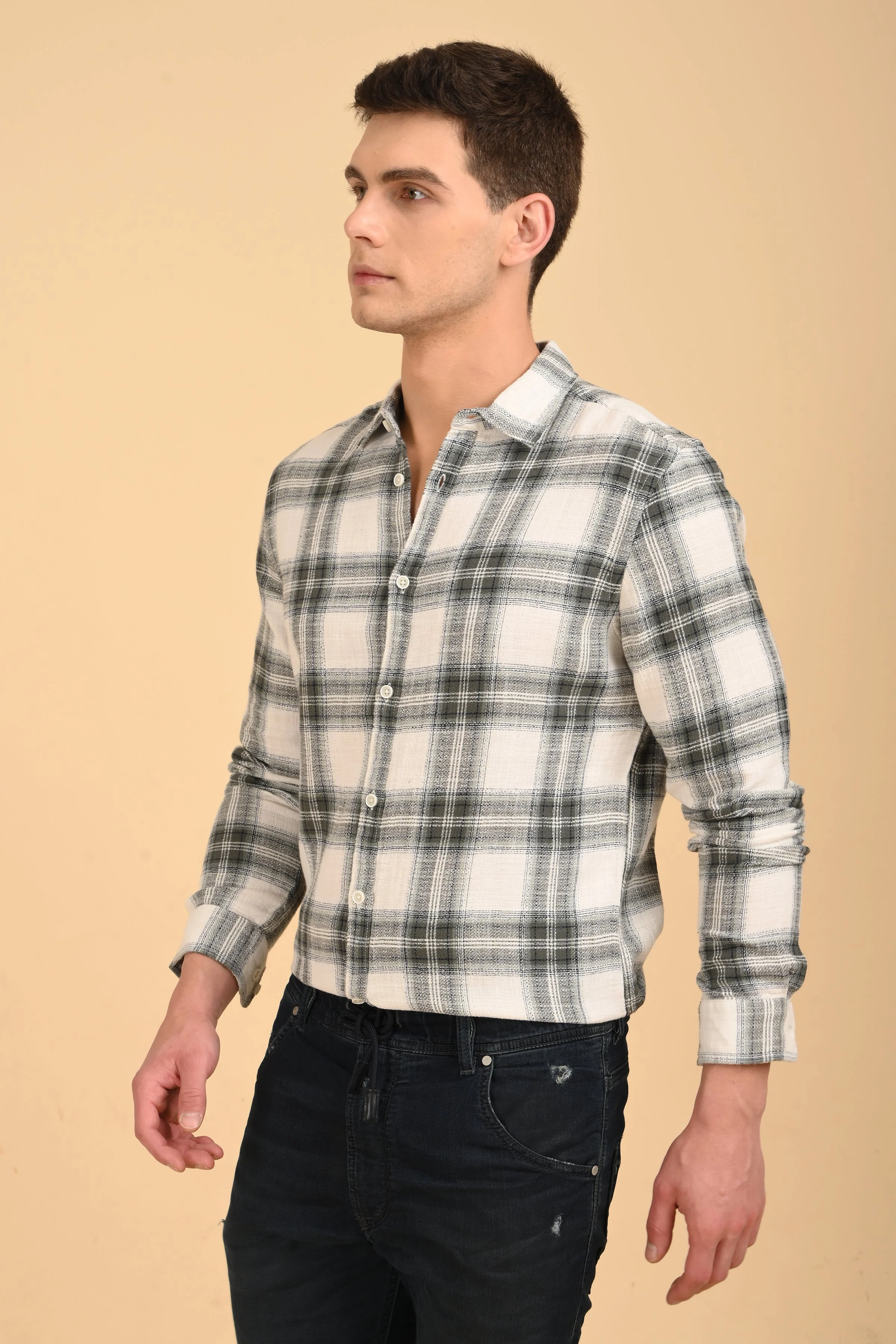 Men Jean Slub Check Shirt Green - Image 3