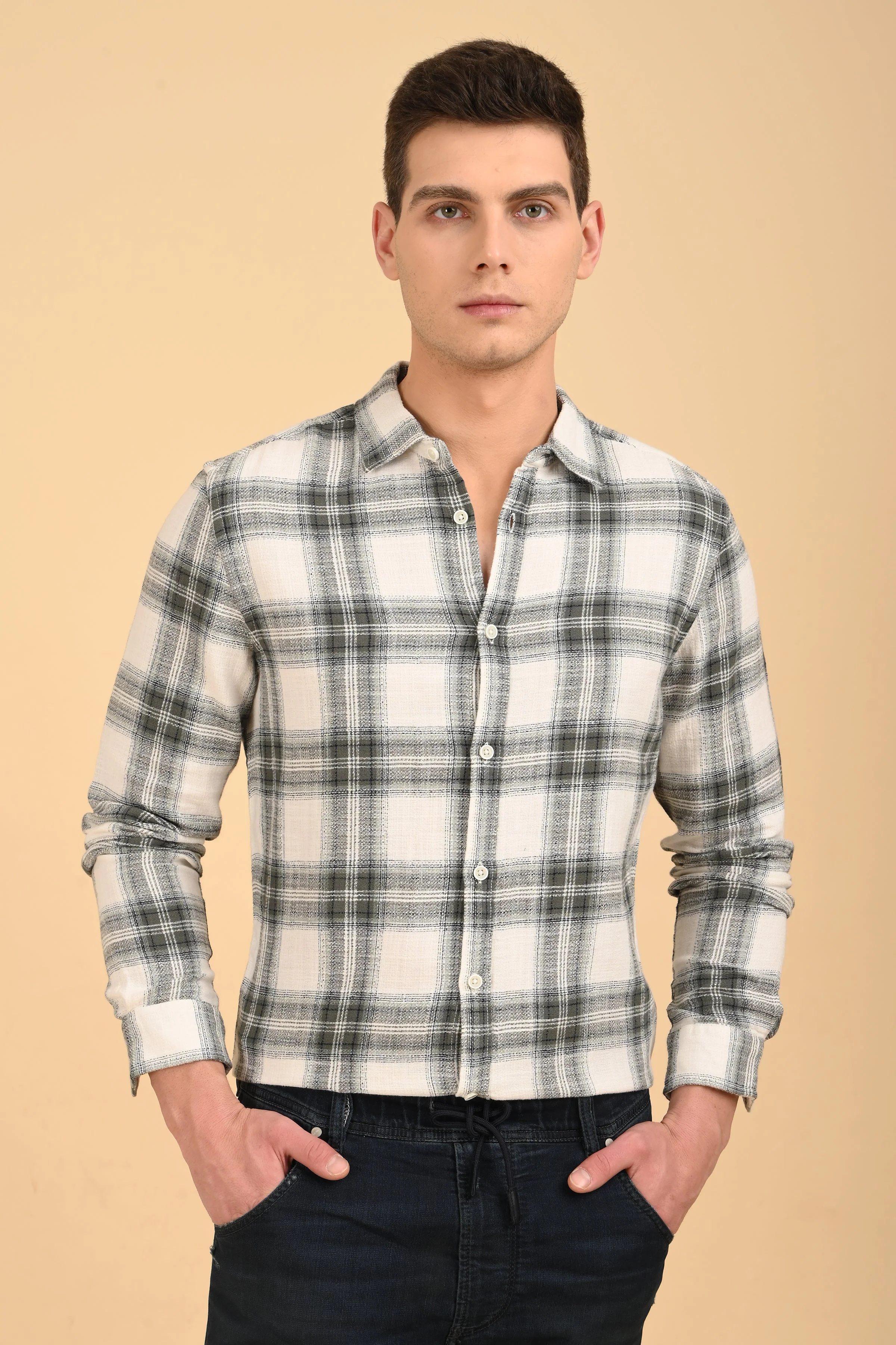 Men Jean Slub Check Shirt Green - Image 4