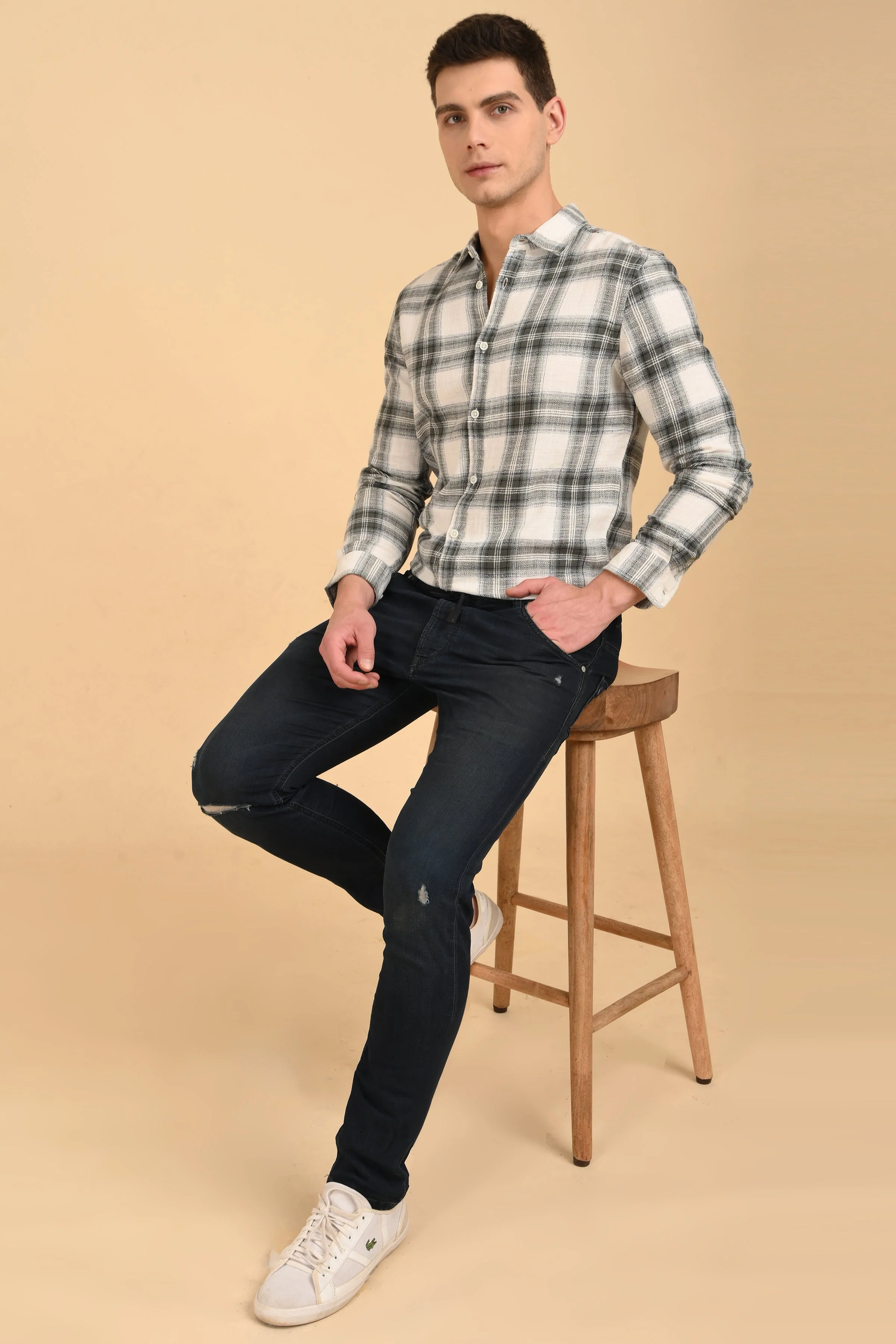 Men Jean Slub Check Shirt Green - Image 5