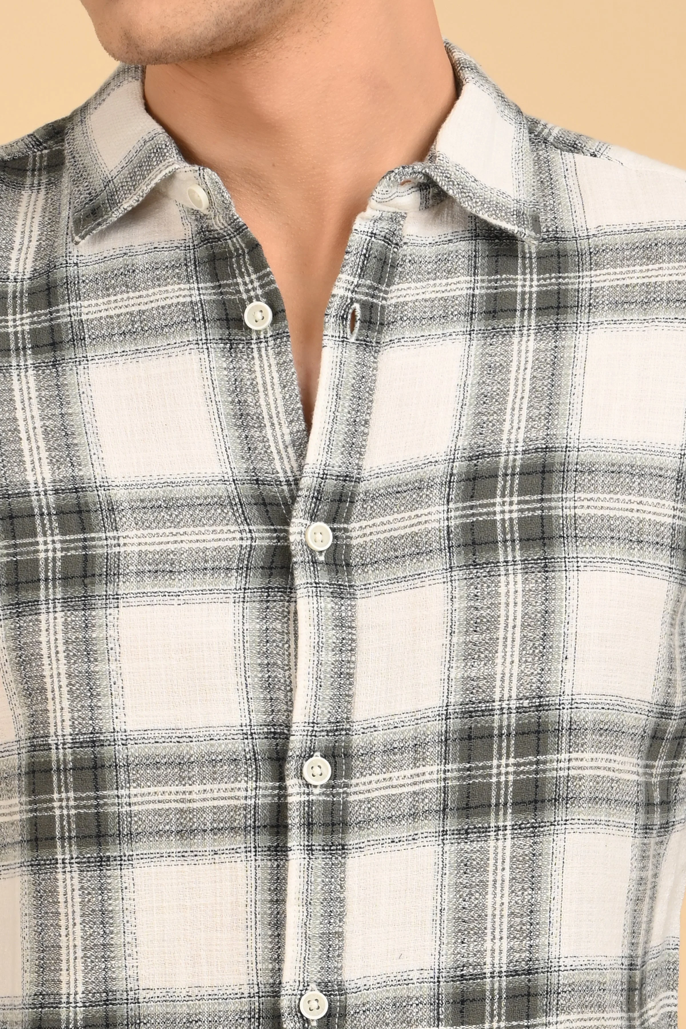 Men Jean Slub Check Shirt Green - Image 6