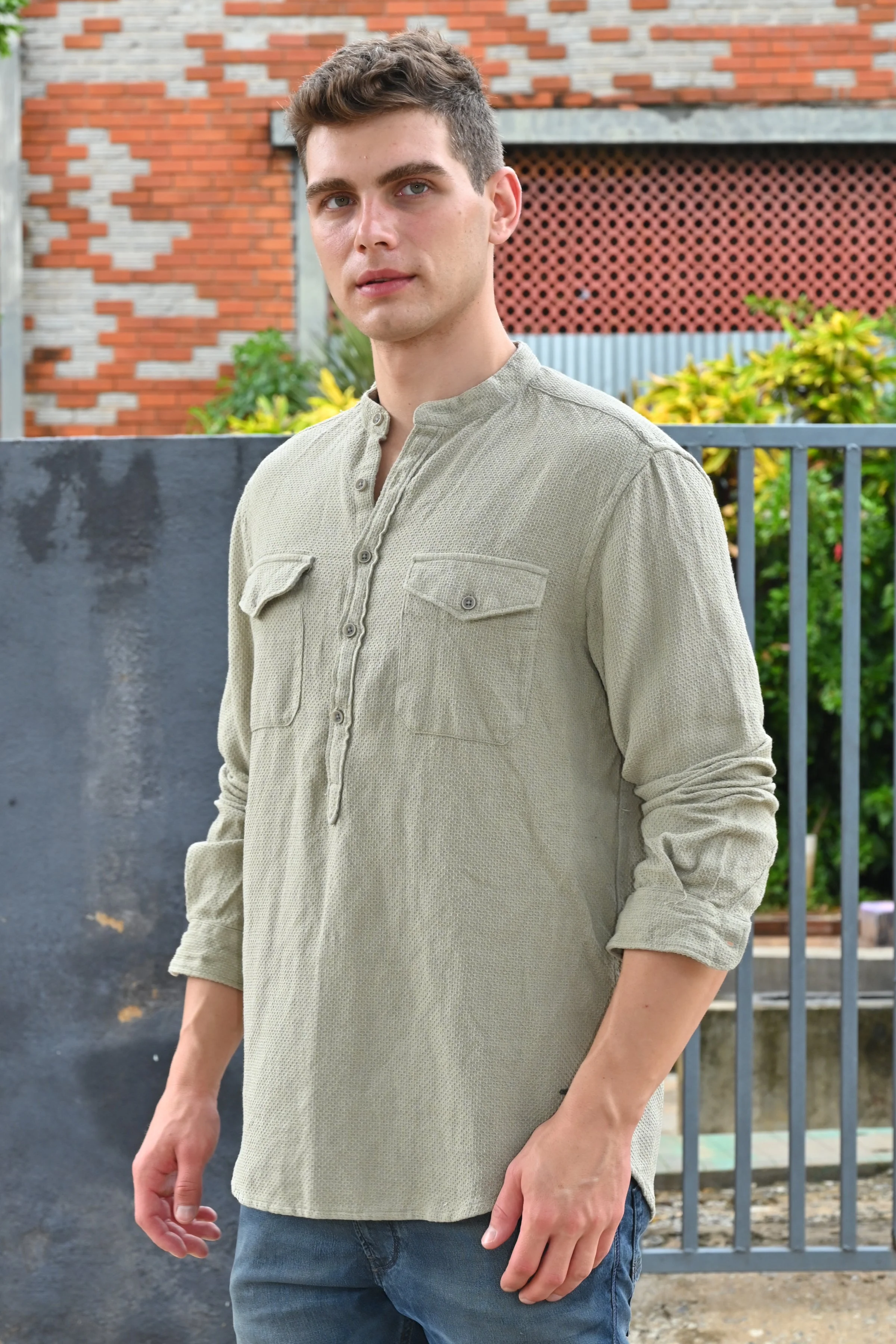 Men Joshua Textured Kurta Pocketed Shirt Pista - Image 2