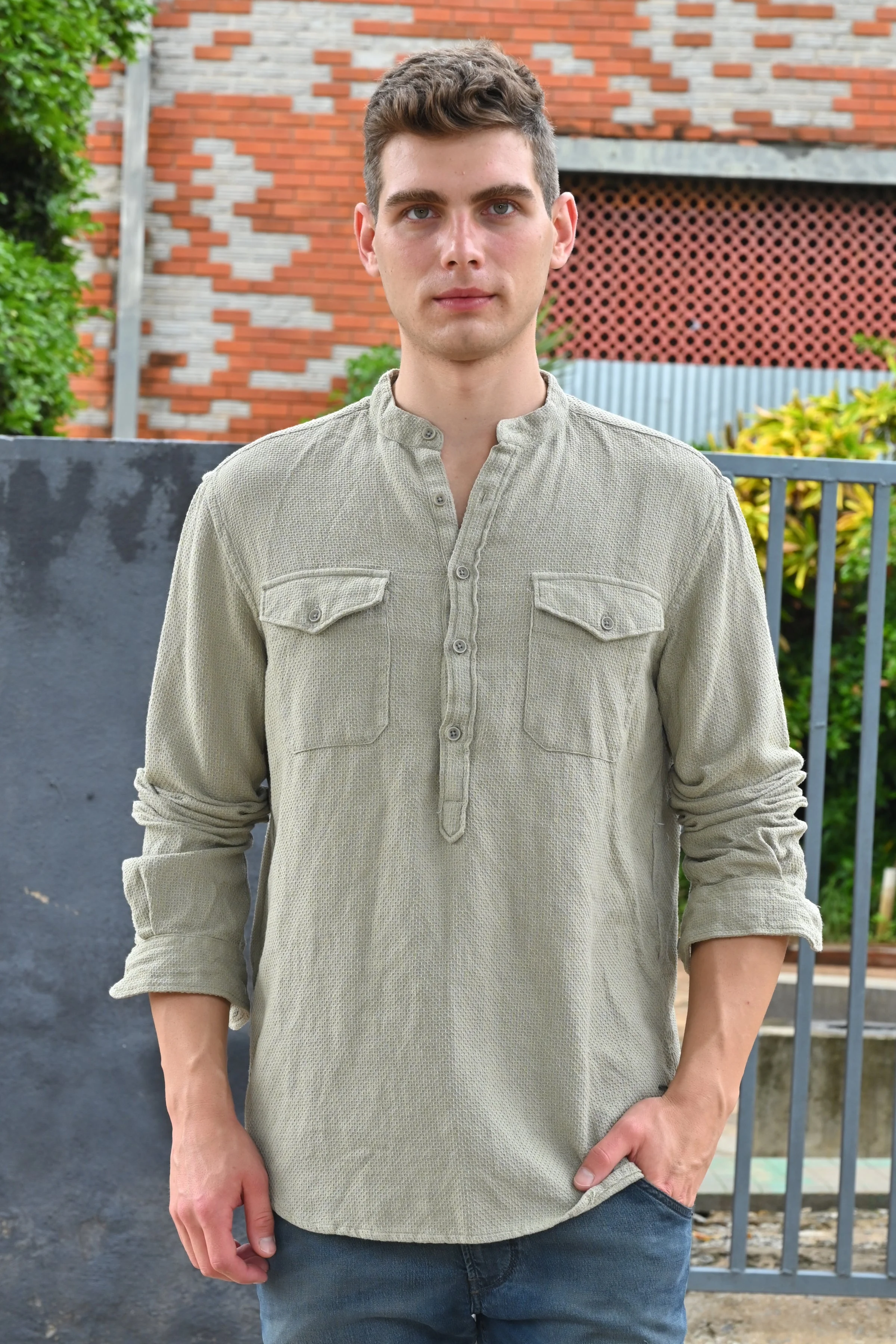 Men Joshua Textured Kurta Pocketed Shirt Pista - Image 3
