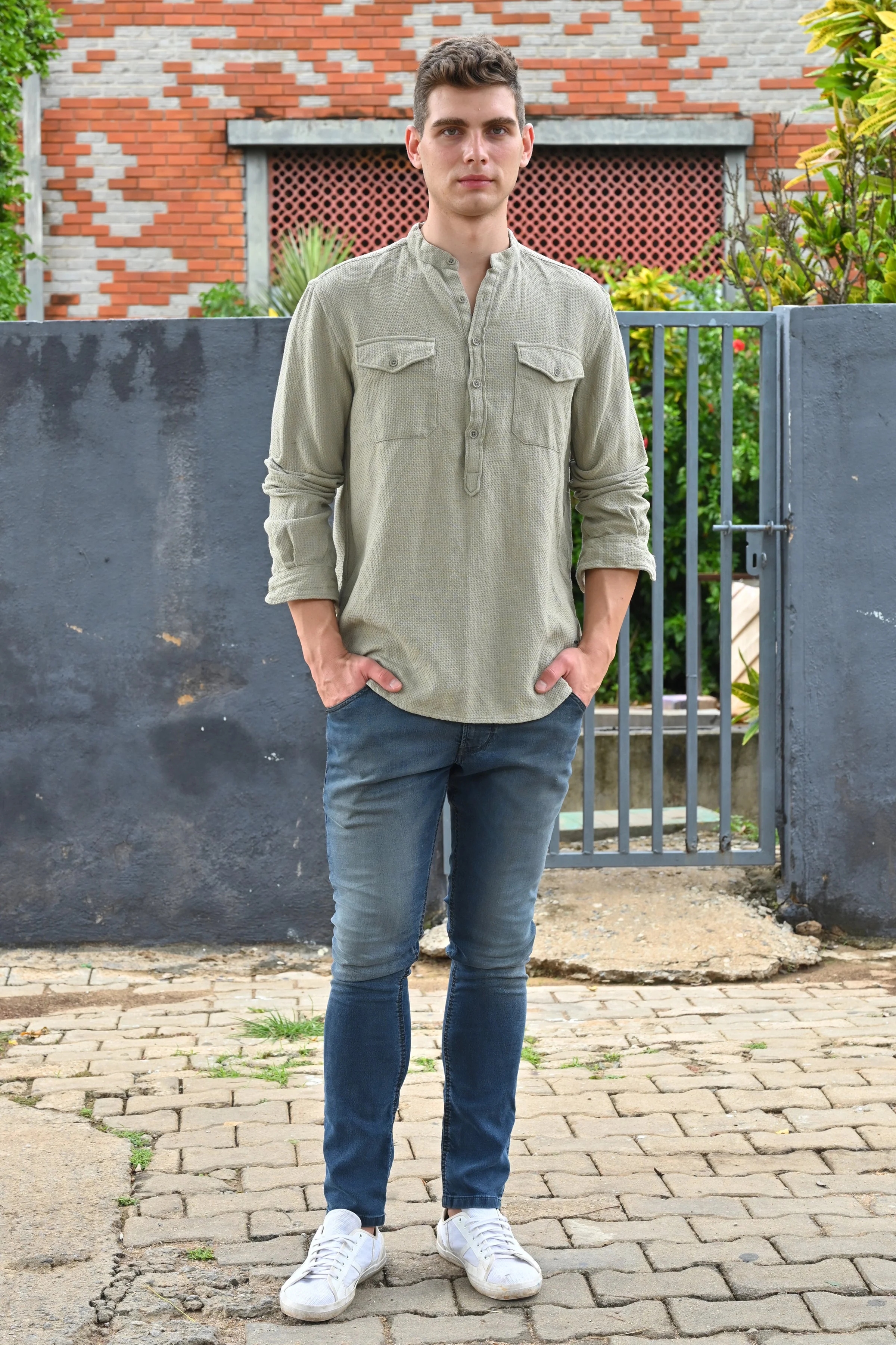 Men Joshua Textured Kurta Pocketed Shirt Pista - Image 4